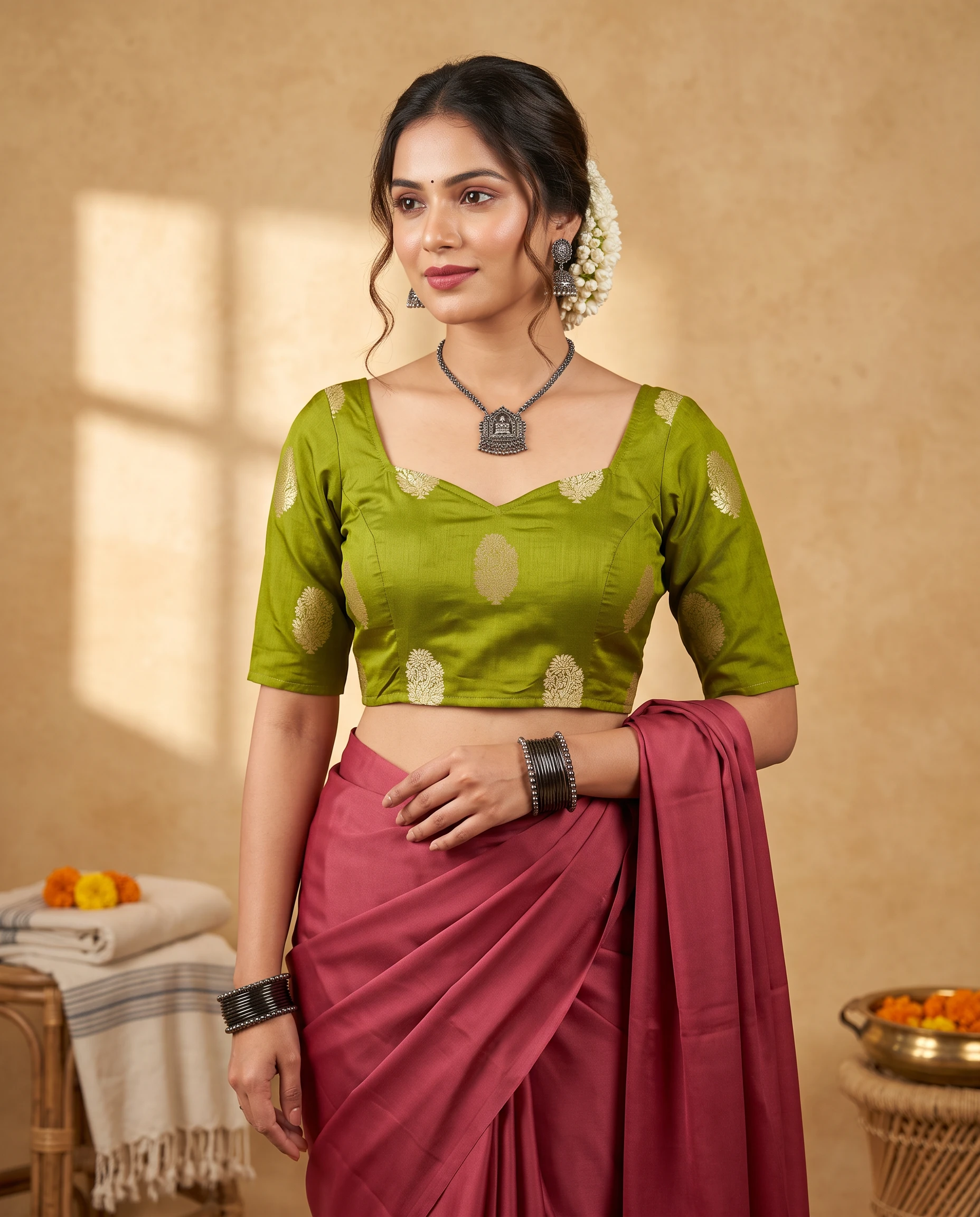 Olive Green Russian Silk Readymade Blouse with Golden Motifs & Sweetheart Neck