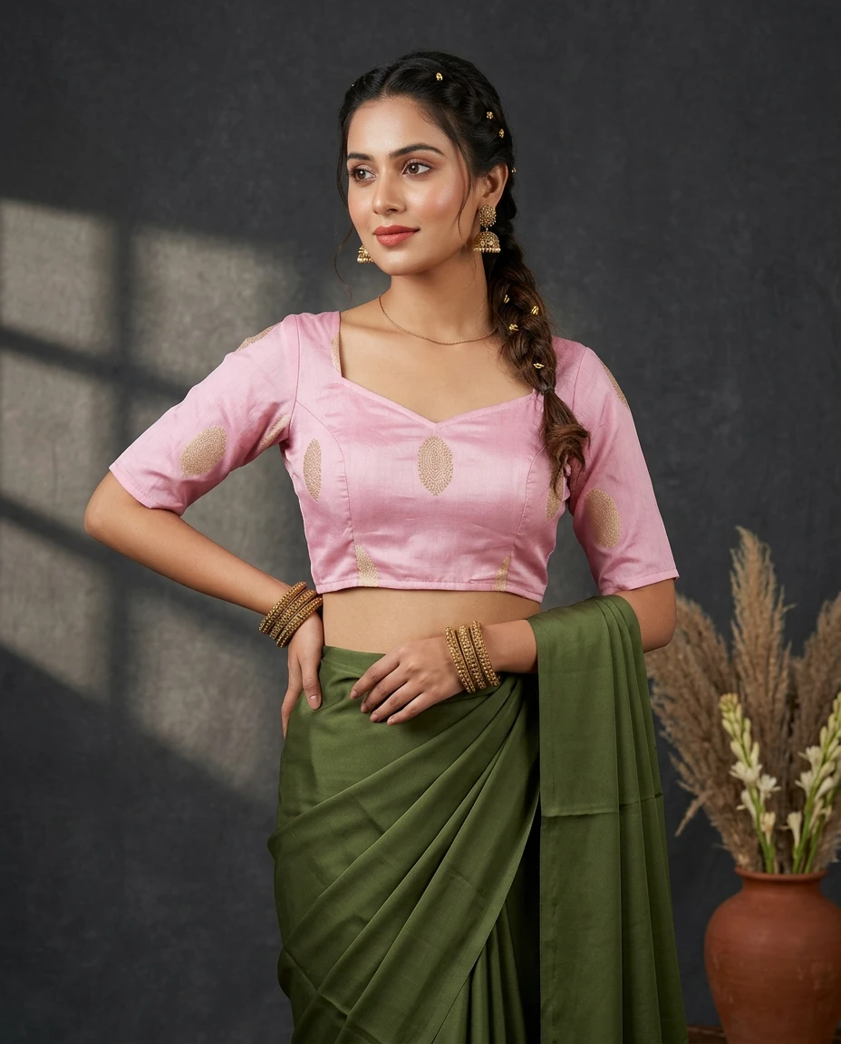 Elegant Soft Pink Russian Silk Readymade Blouse with Gold Woven Bootis & Cutout Tie-Up Back