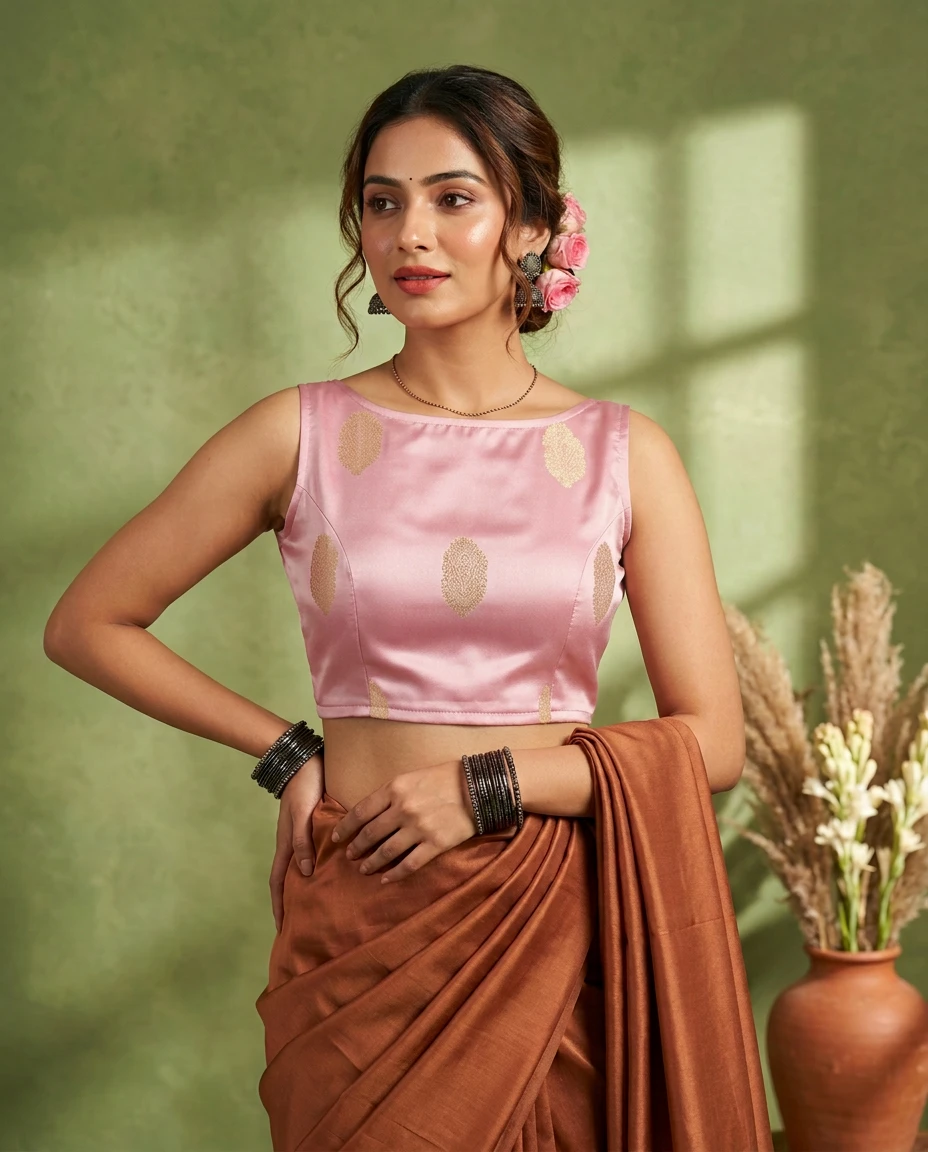 Baby Pink Russian Silk Sleeveless Blouse with Woven Gold Motif & Back Bow Detail