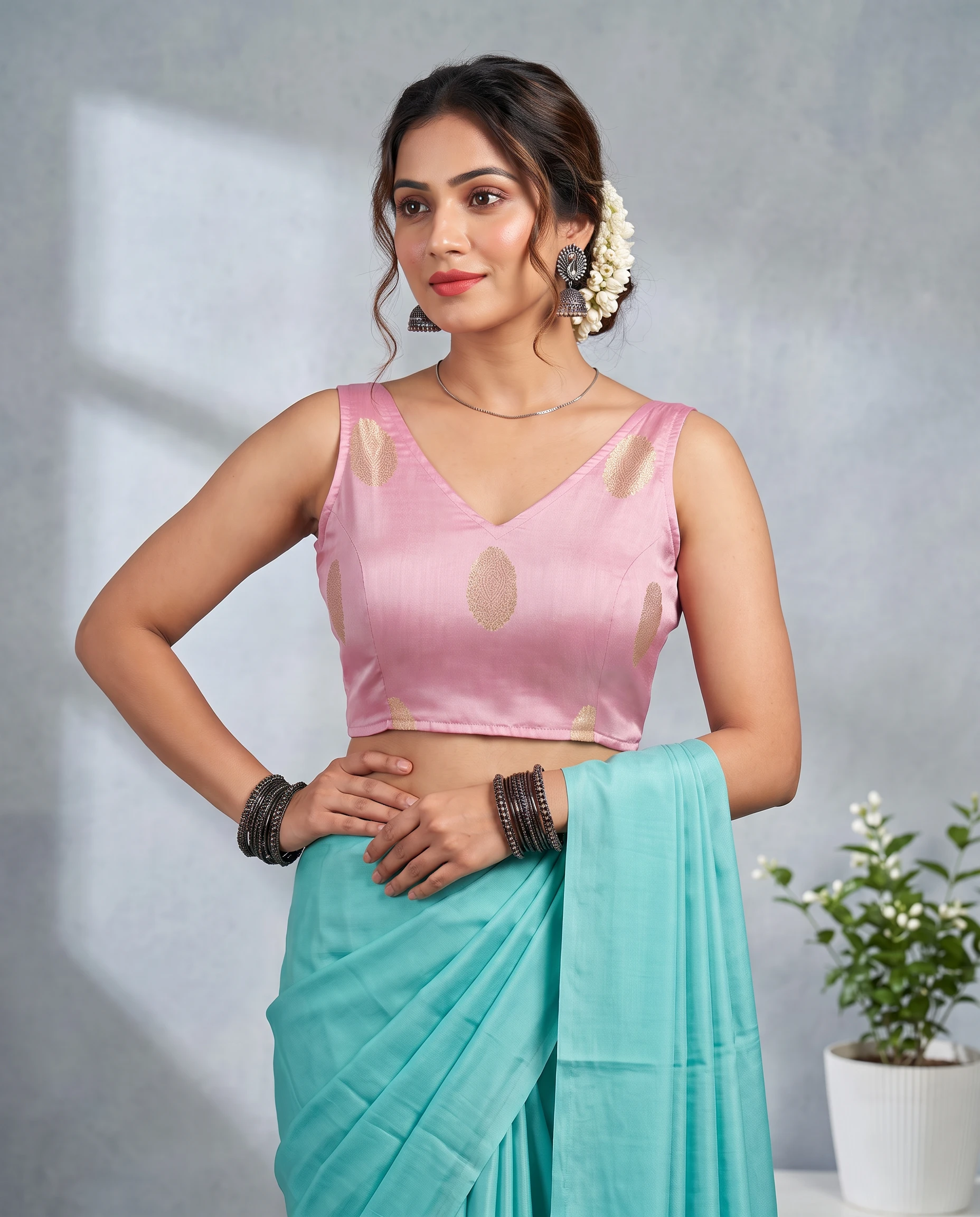 Baby Pink Russian Silk Sleeveless Blouse with Woven Gold Motifs and Back Dori