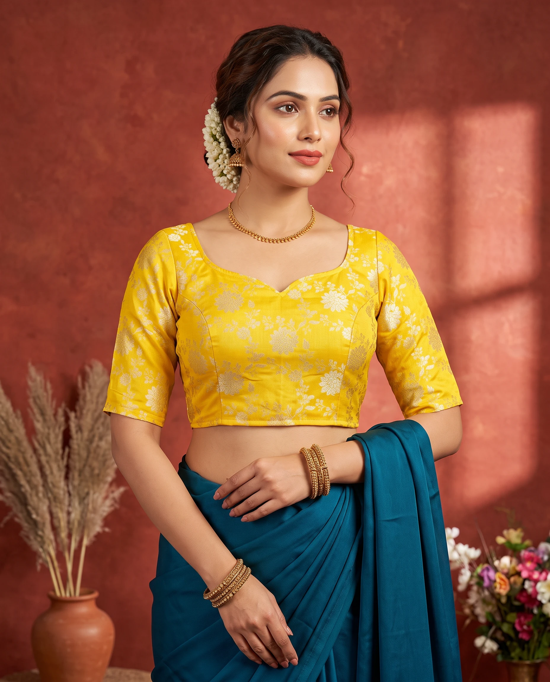 Sunlit Gold Floral Woven Russian Silk Readymade Saree Blouse