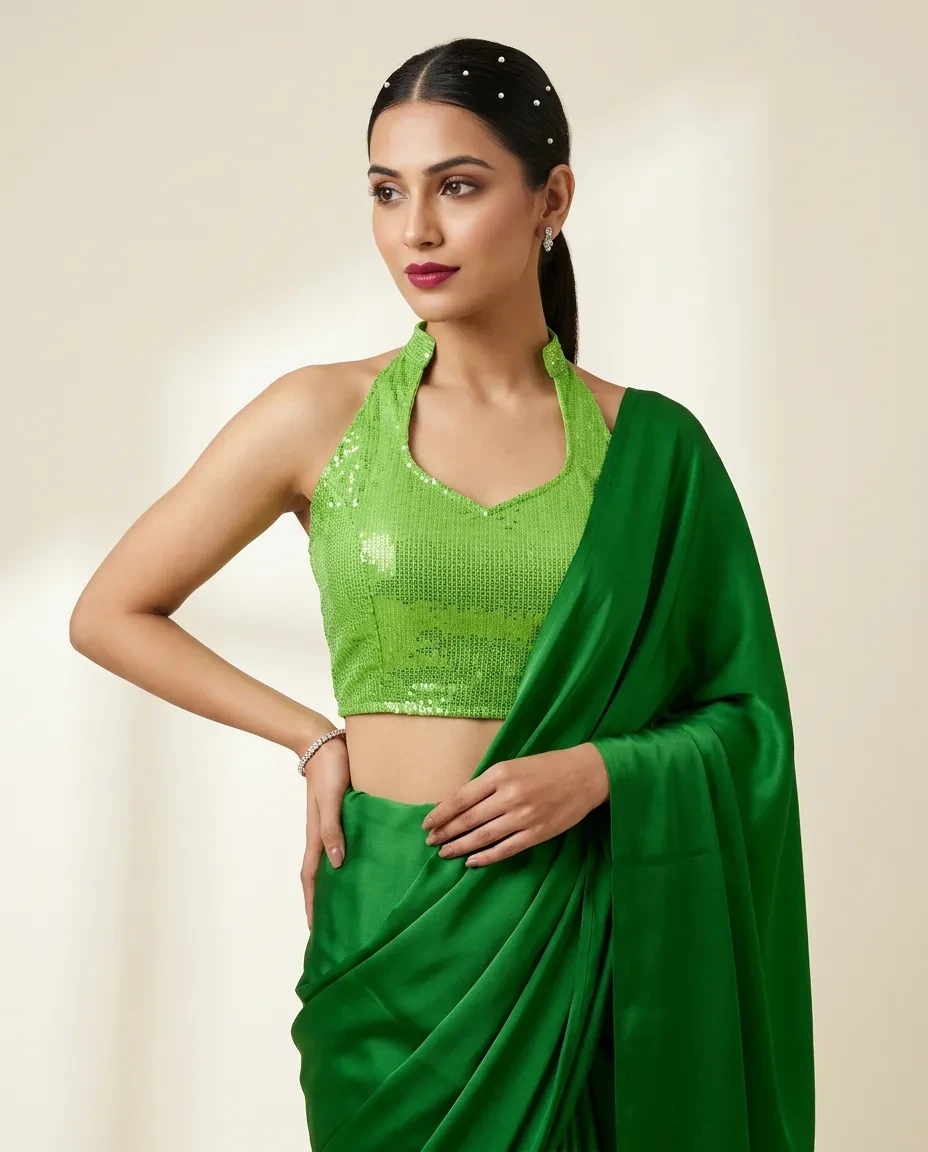 Parrot Green Halter Georgette Sequin Blouse