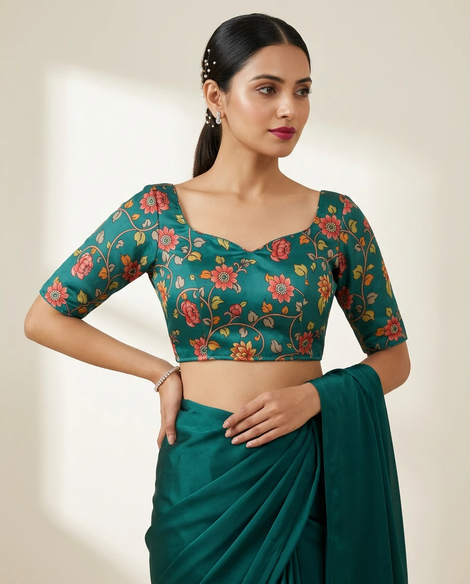 Green Multi Color Litchi Silk Half Sleeve Blouse