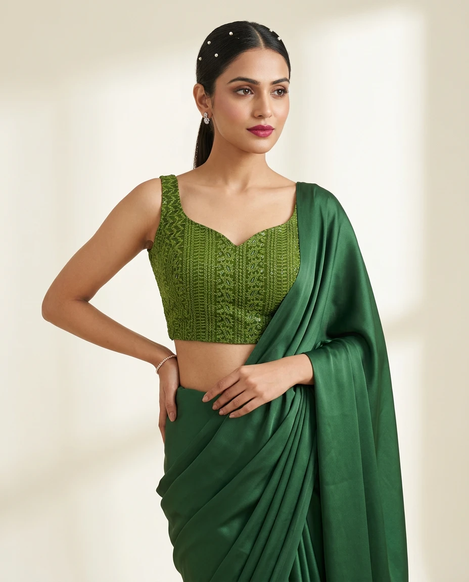 Green Sleeveless Chikan Kari Blouse