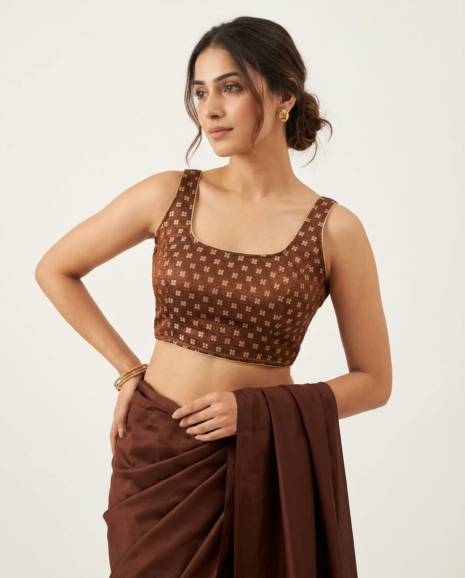 Brown Brocade Sleeveless Blouse