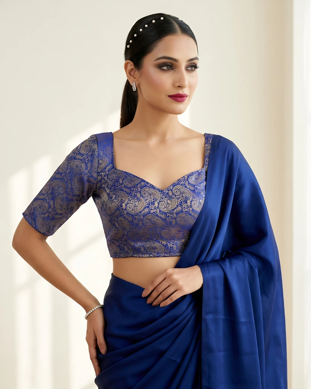 Royal Blue Brocade Blouse