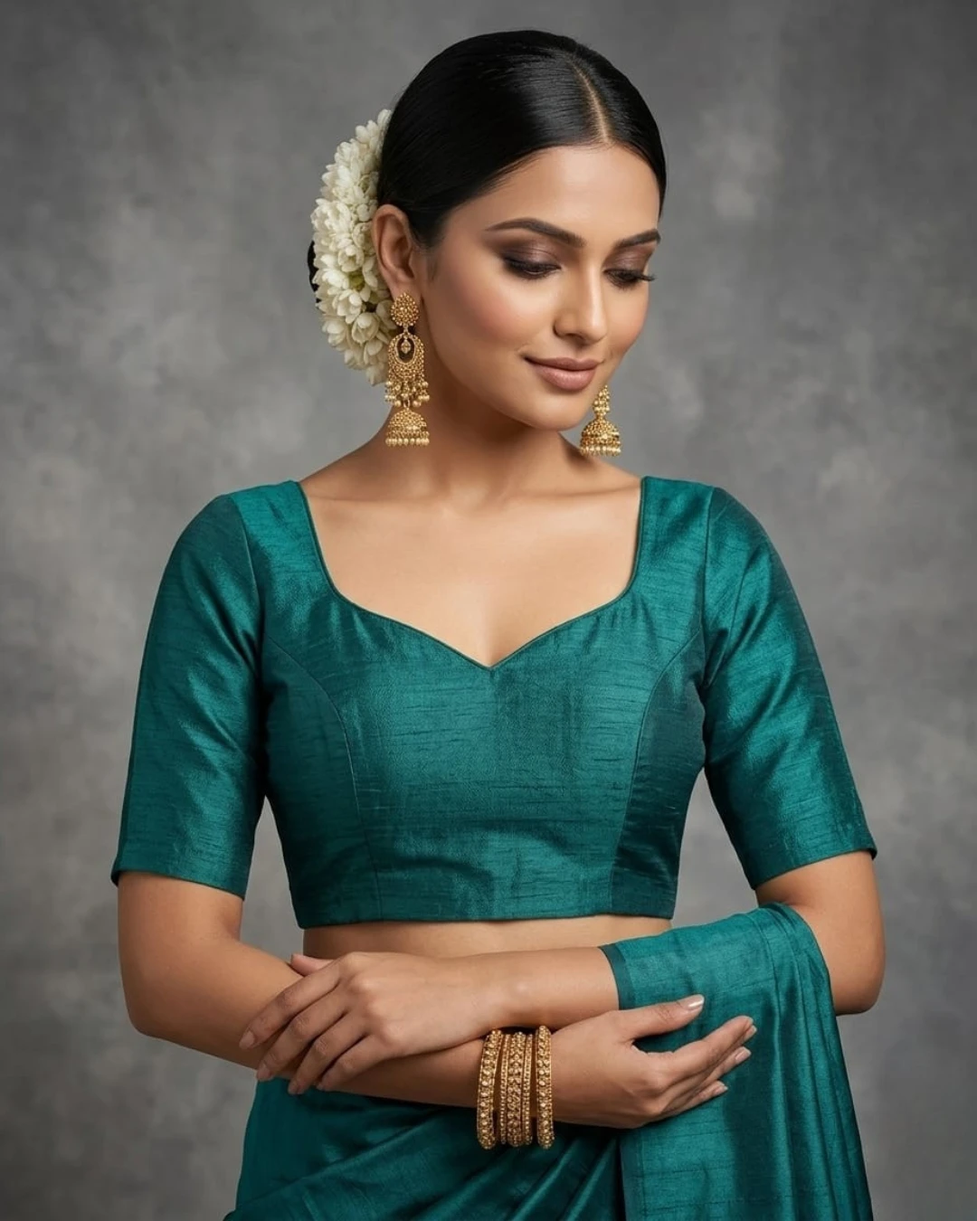 Green Plain Raw Silk Half Sleeve Blouse
