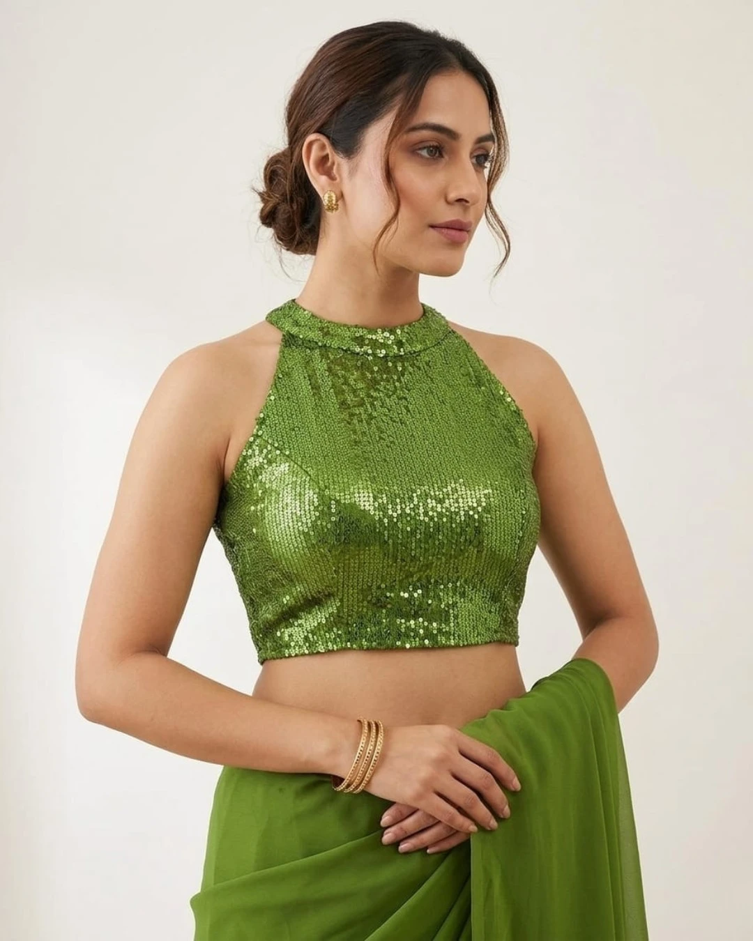 Olive Green Halter Sequin Blouse