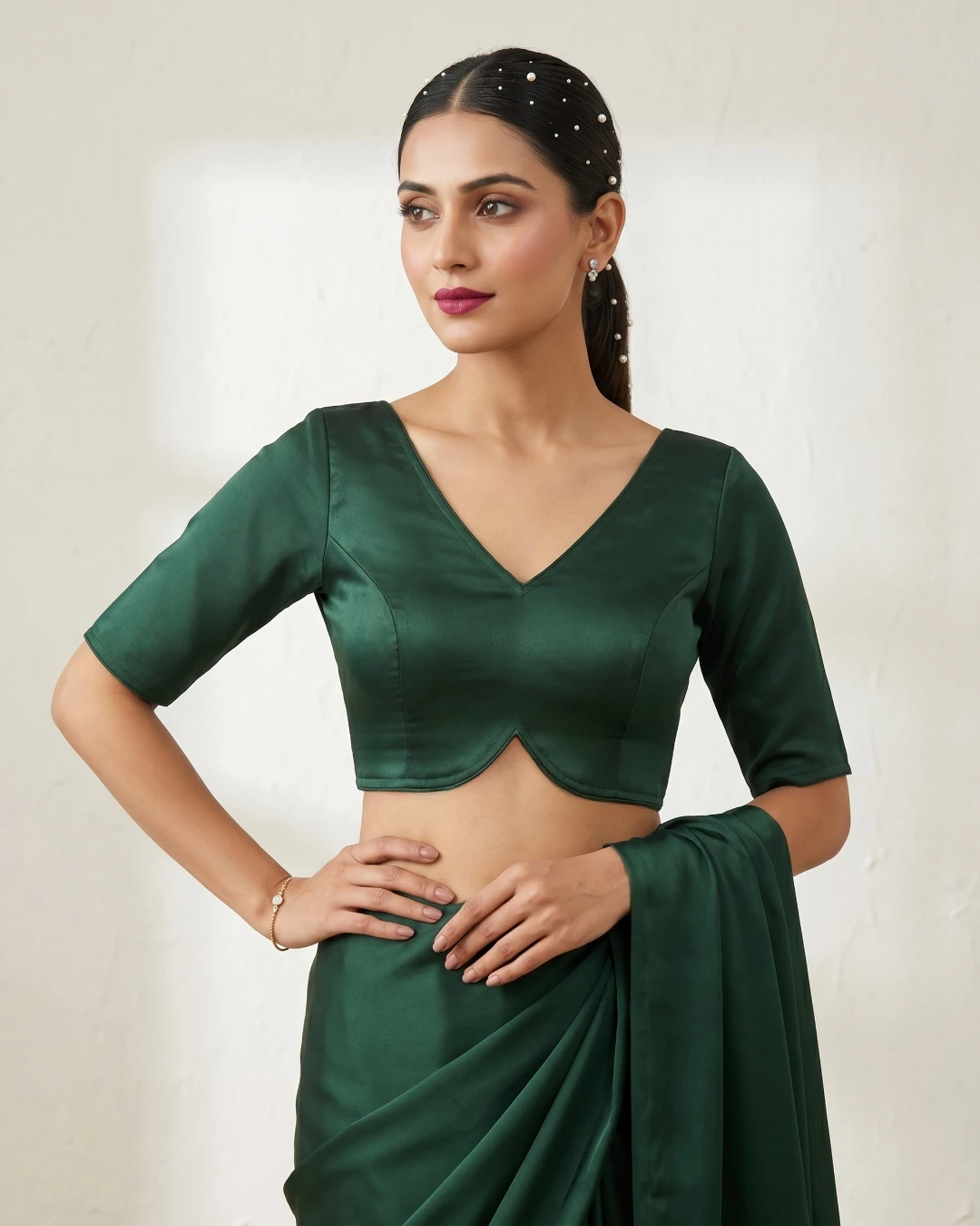 Bottle Green Half Sleeve Samo Silk Blouse