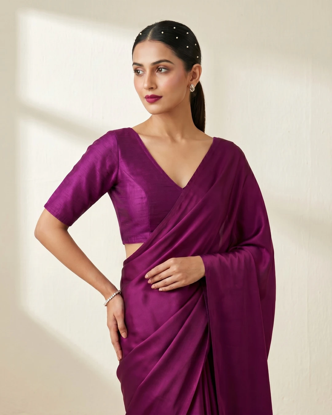 Purple Raw Silk Half Sleeve Blouse