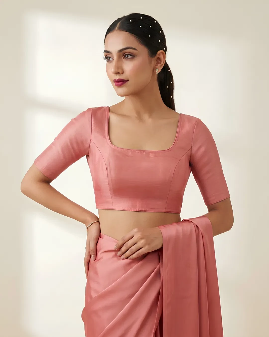 Peach Raw Silk Half Sleeve Blouse