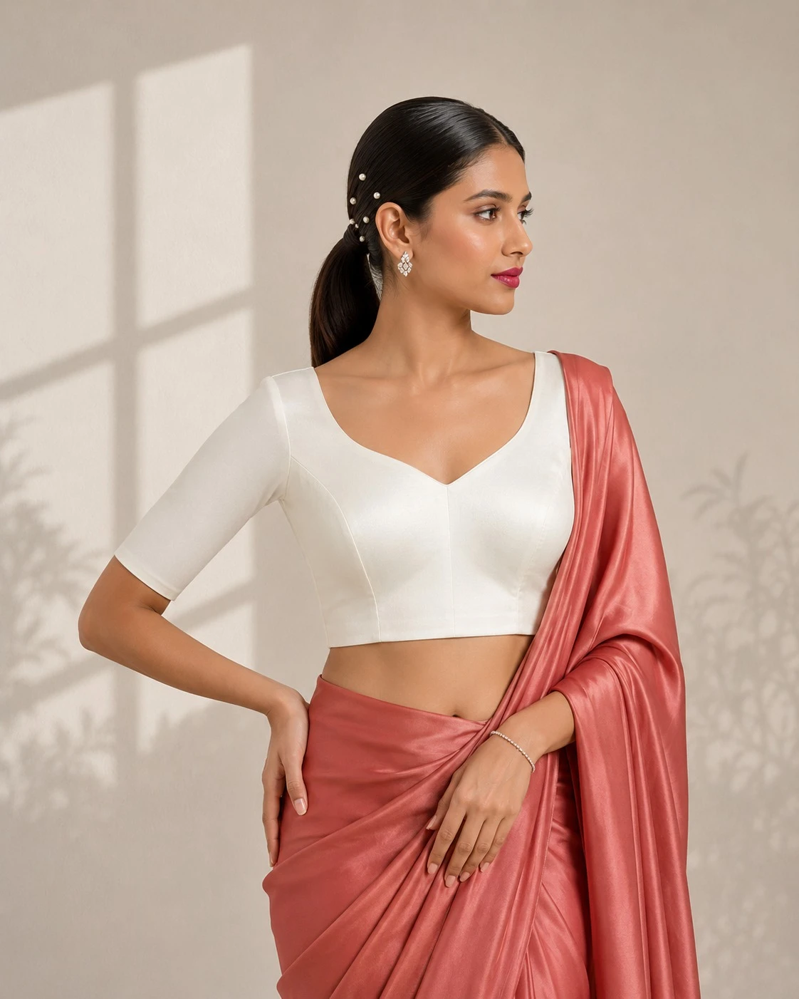 White Samo Silk Plain Half Sleeve Blouse