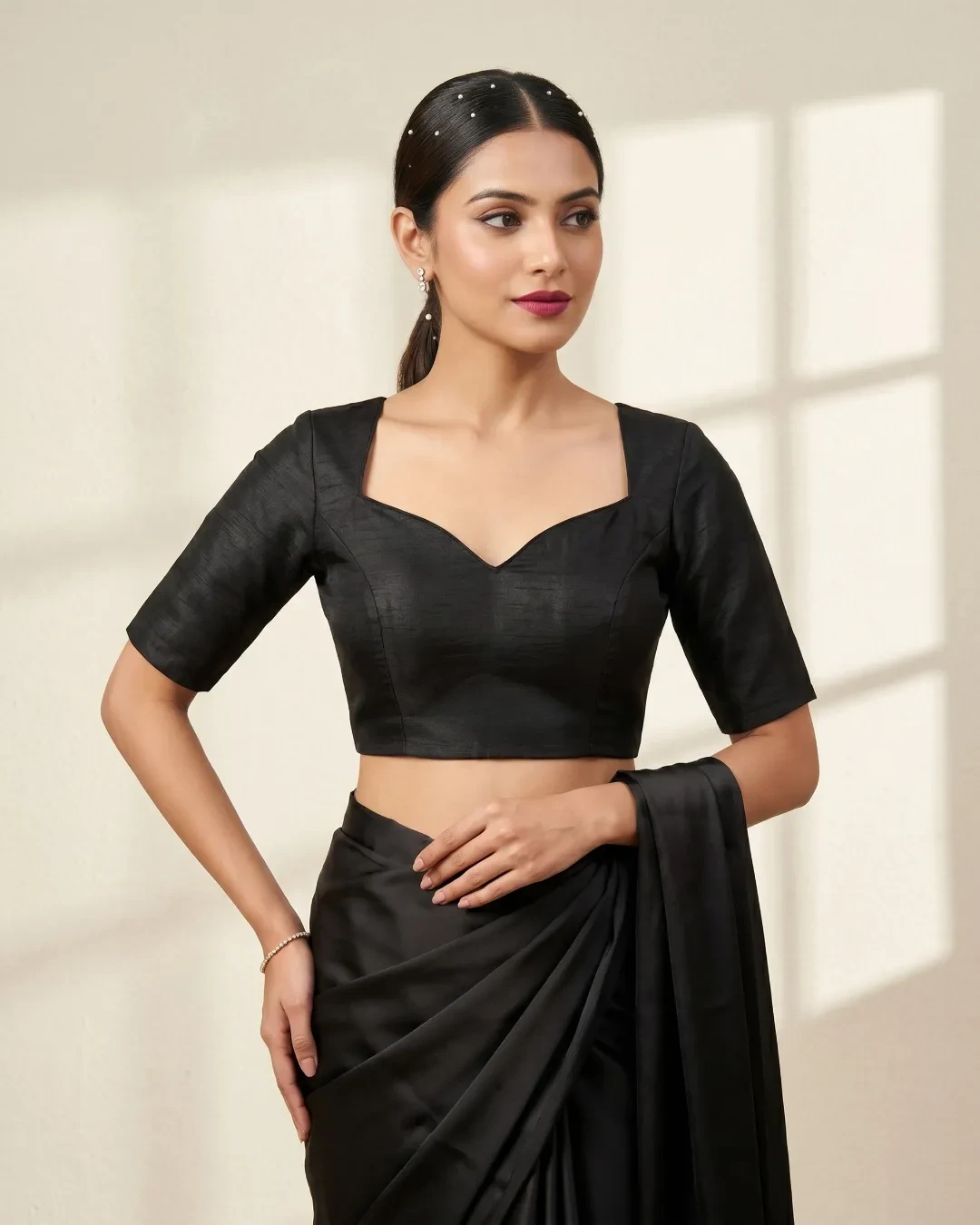 Black Sweetheart Neck Half Sleeve Raw Silk Blouse