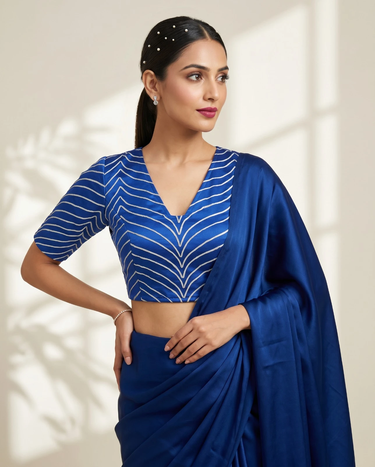 Royal Blue Art Satin Half Sleeve Blouse