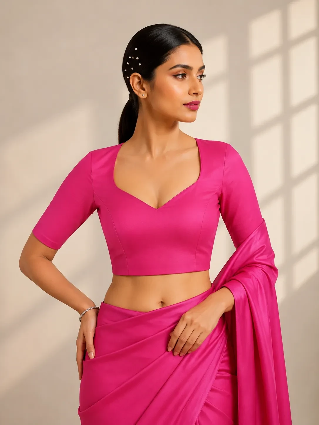 Hot Pink Half Sleeve Sweetheart Neck Samo Silk Blouse