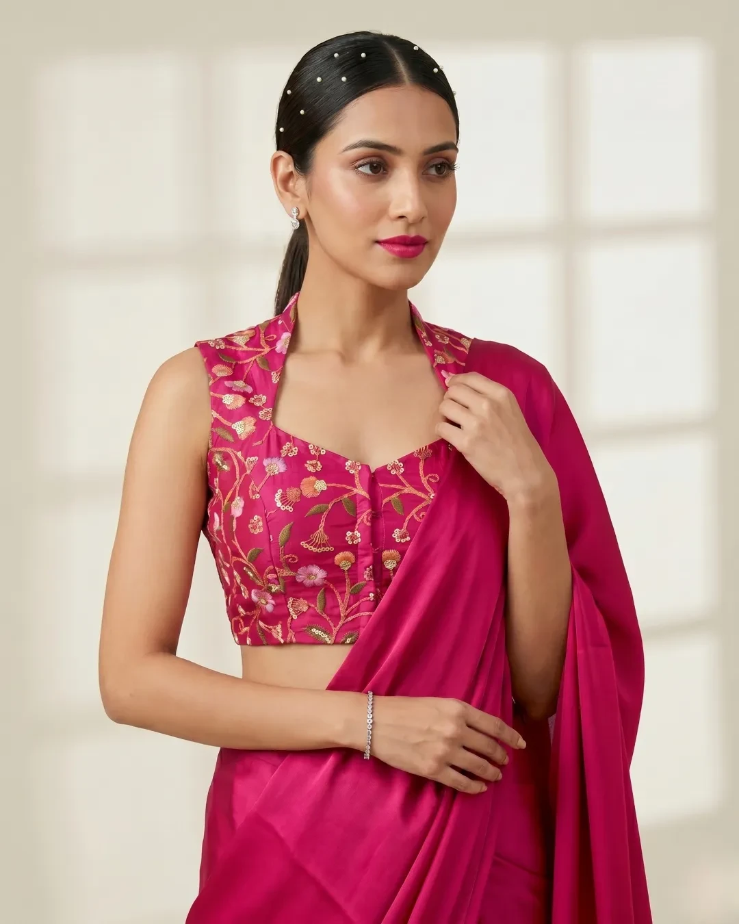 Rani Pink Art Silk Collar Neck Blouse with Thread & Sequin Embroidery
