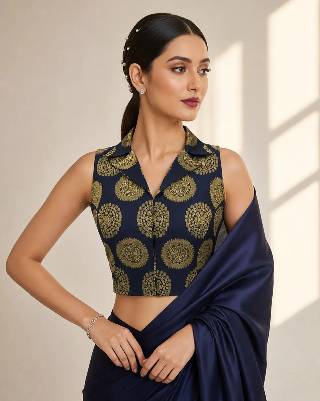 Navy Blue Brocade Banarasi Sleeveless Blouse