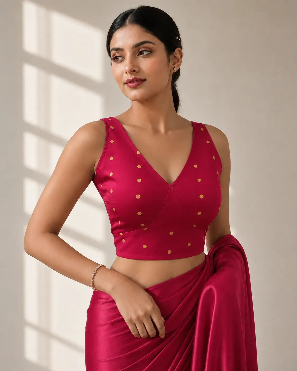 Fuchsia Pink Taffeta Silk V Neck Blouse with Zari Polka Dots