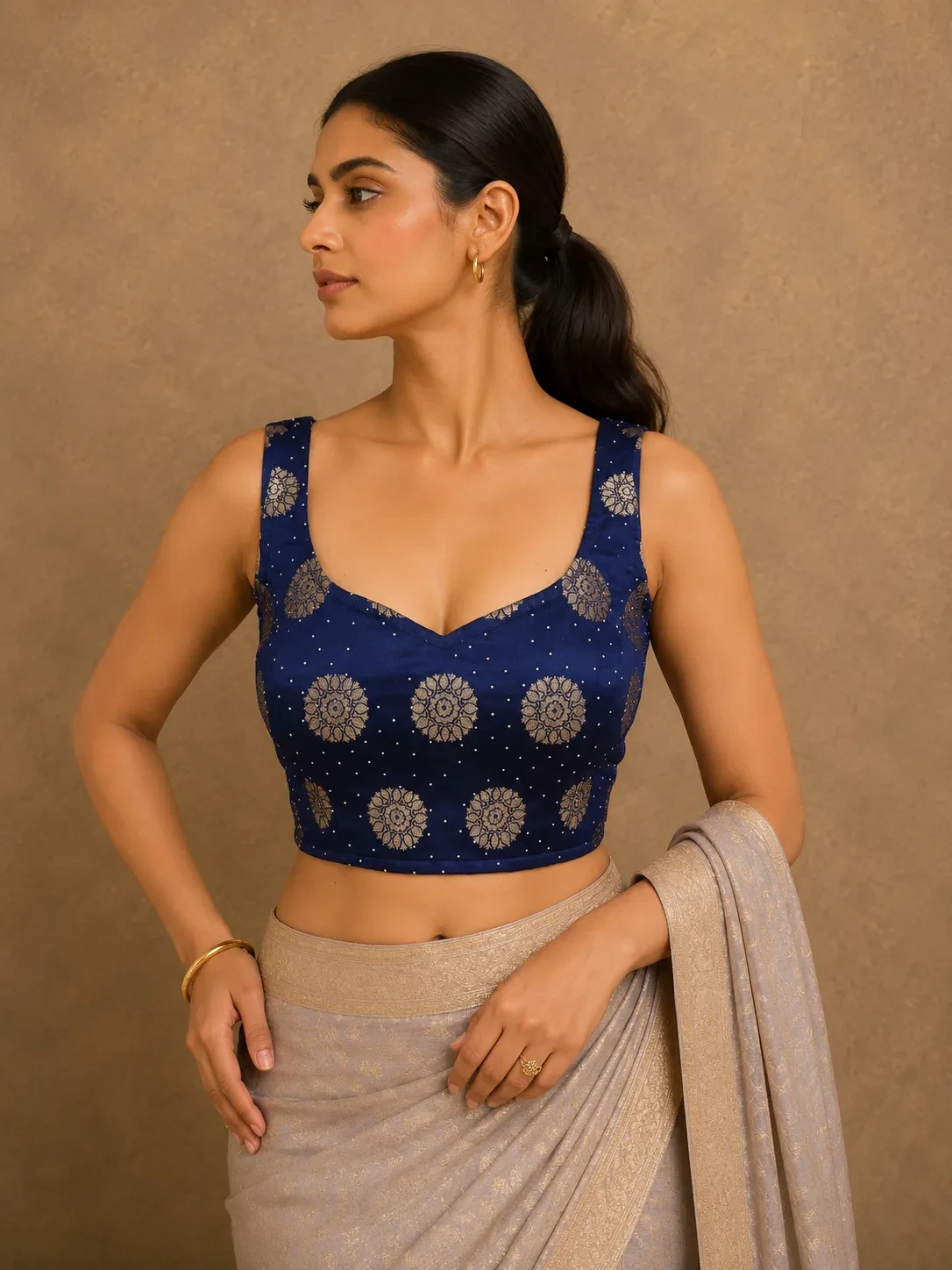 Navy Blue Satin With Glitter Sleeveless Blouse