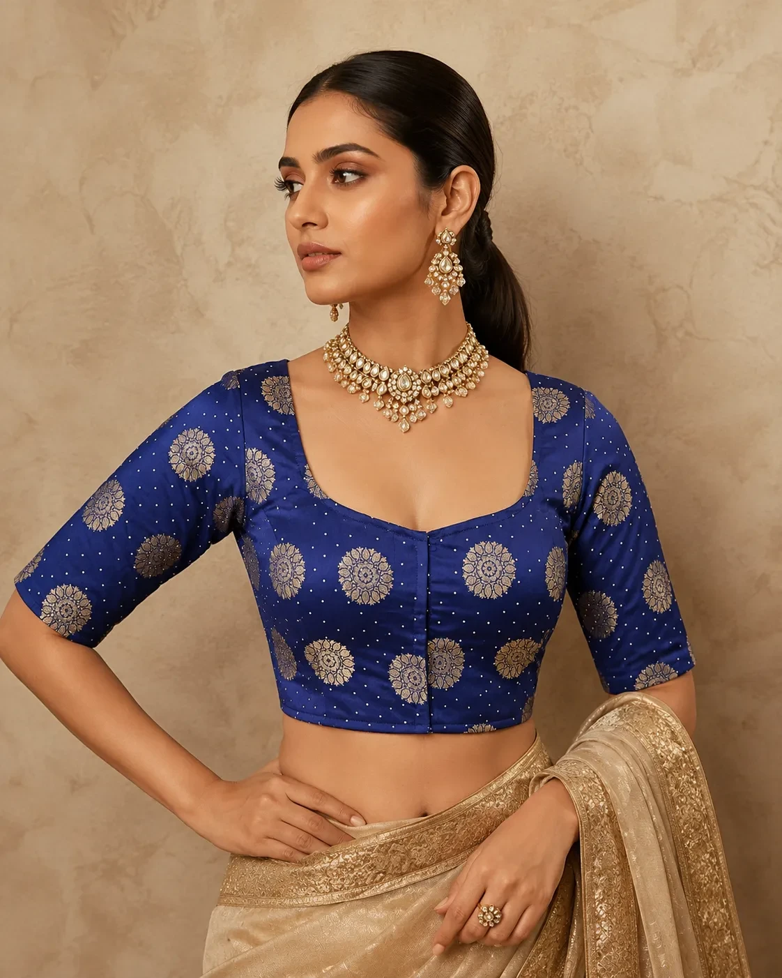Royal Blue Golden Printed satin sweetheart neck Blouse