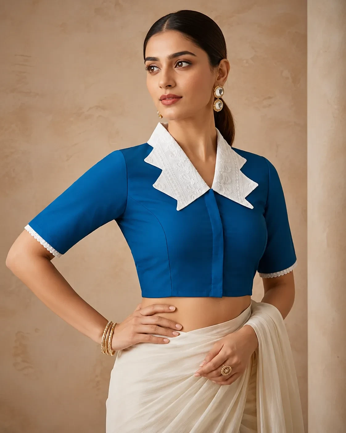 Royal Blue Collared Cotton Blouse with Lace