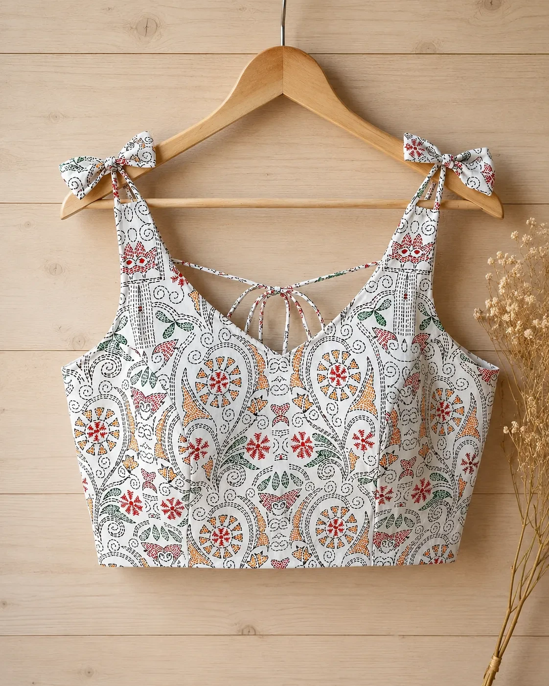 White Printed V-Neck Tie-Up Cotton Blouse