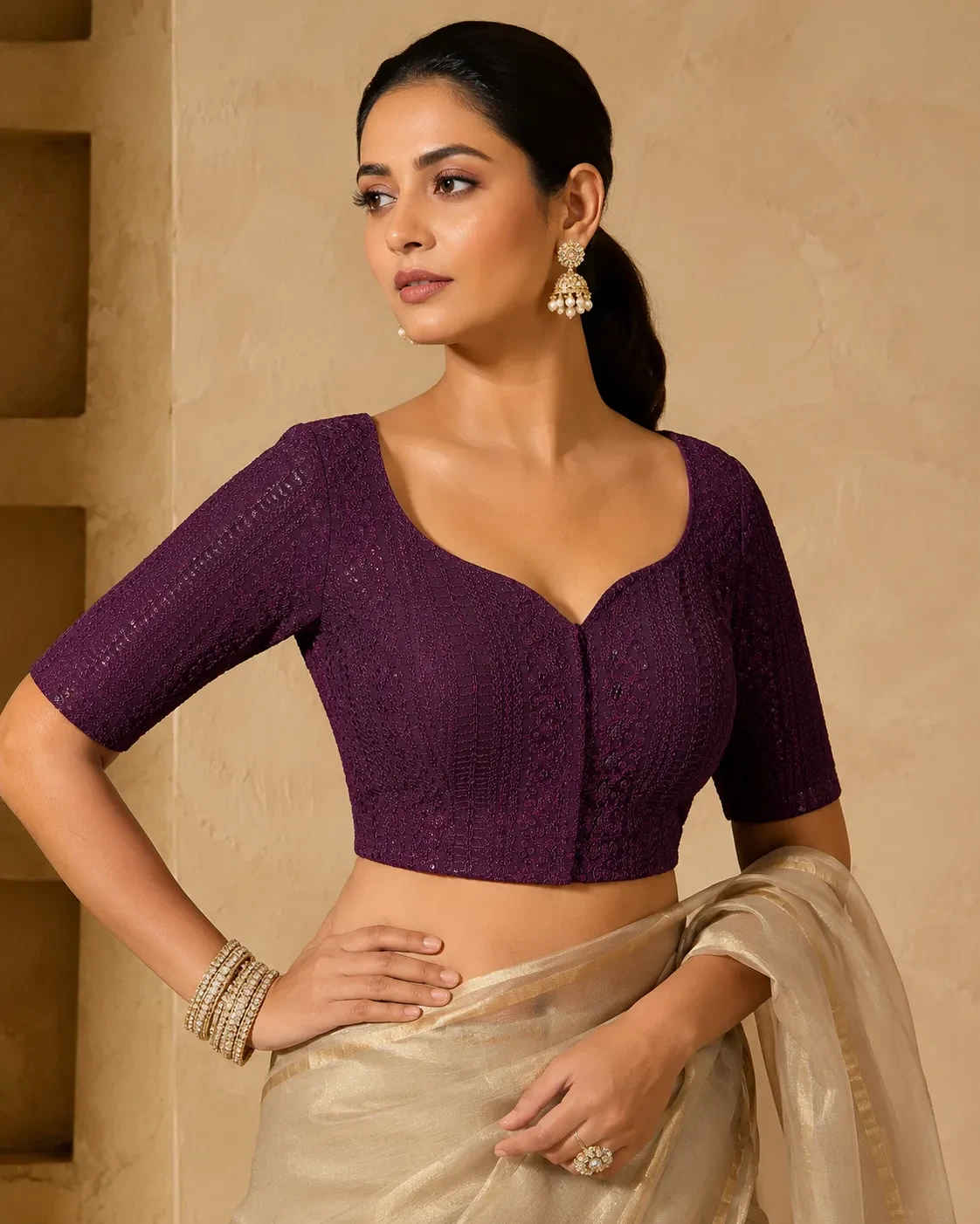 Purple Chikankari Elbow Sleeve Blouse