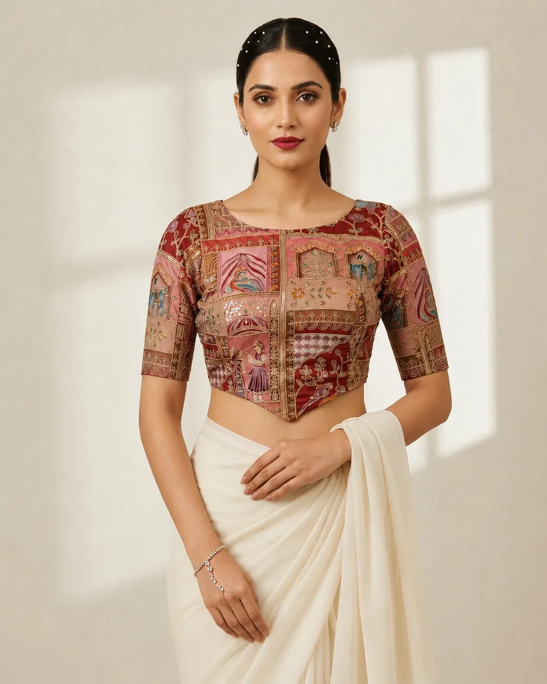 Printed with Embroidery Crepe Silk Boat Neck Blouse