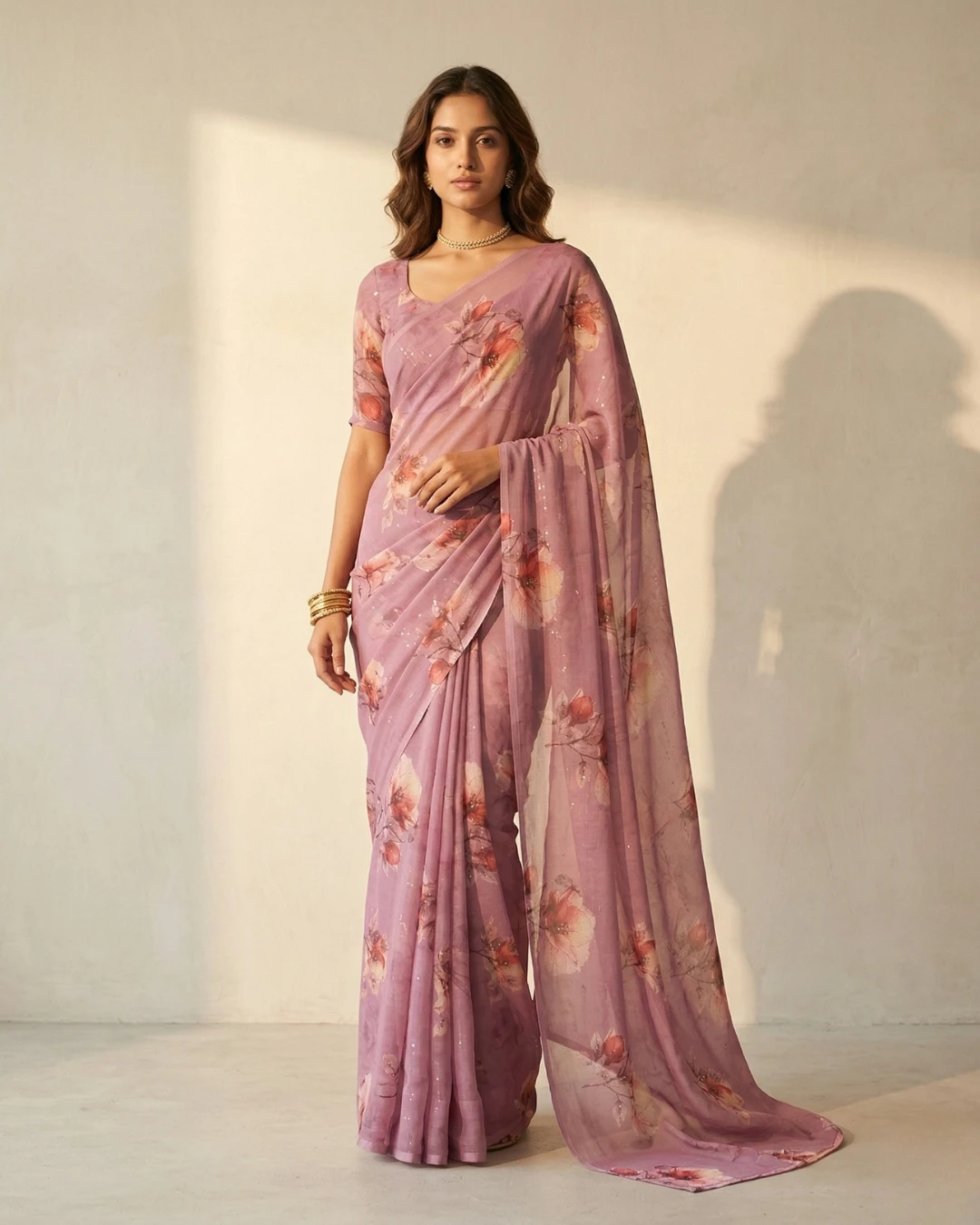 Lavender Chiffon Saree with Floral Print