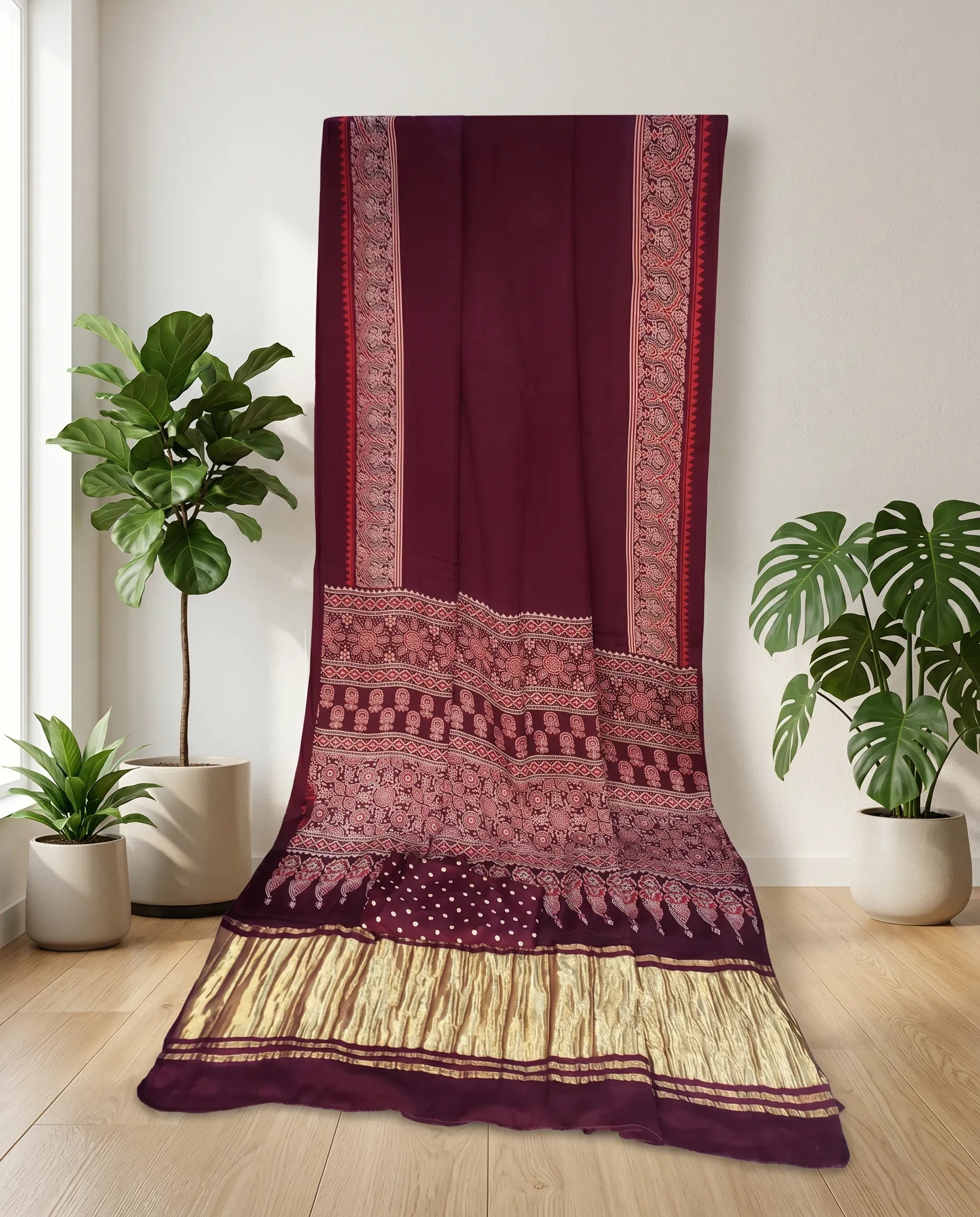Wine Color Ajrakh Printed Gajji Silk Saree