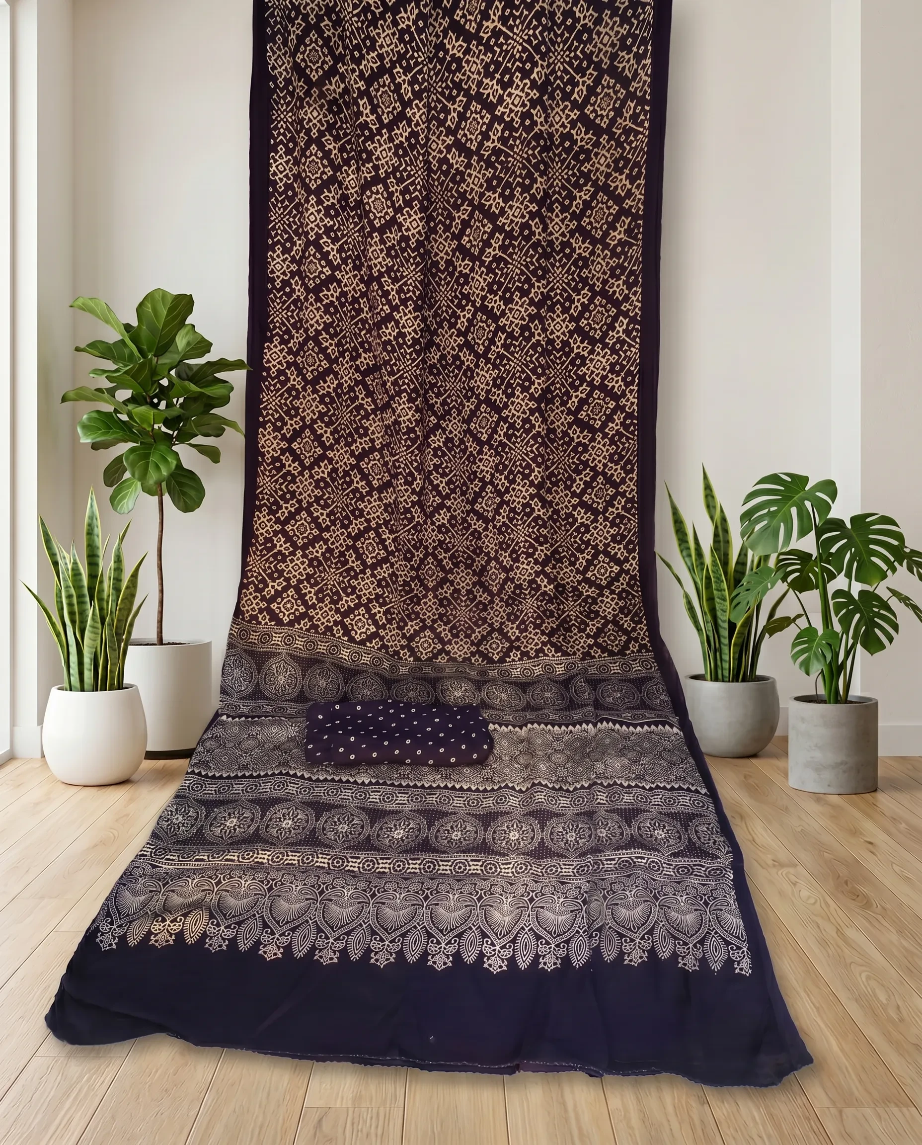 Navy Blue Color Ajrakh Printed Modal Silk Saree