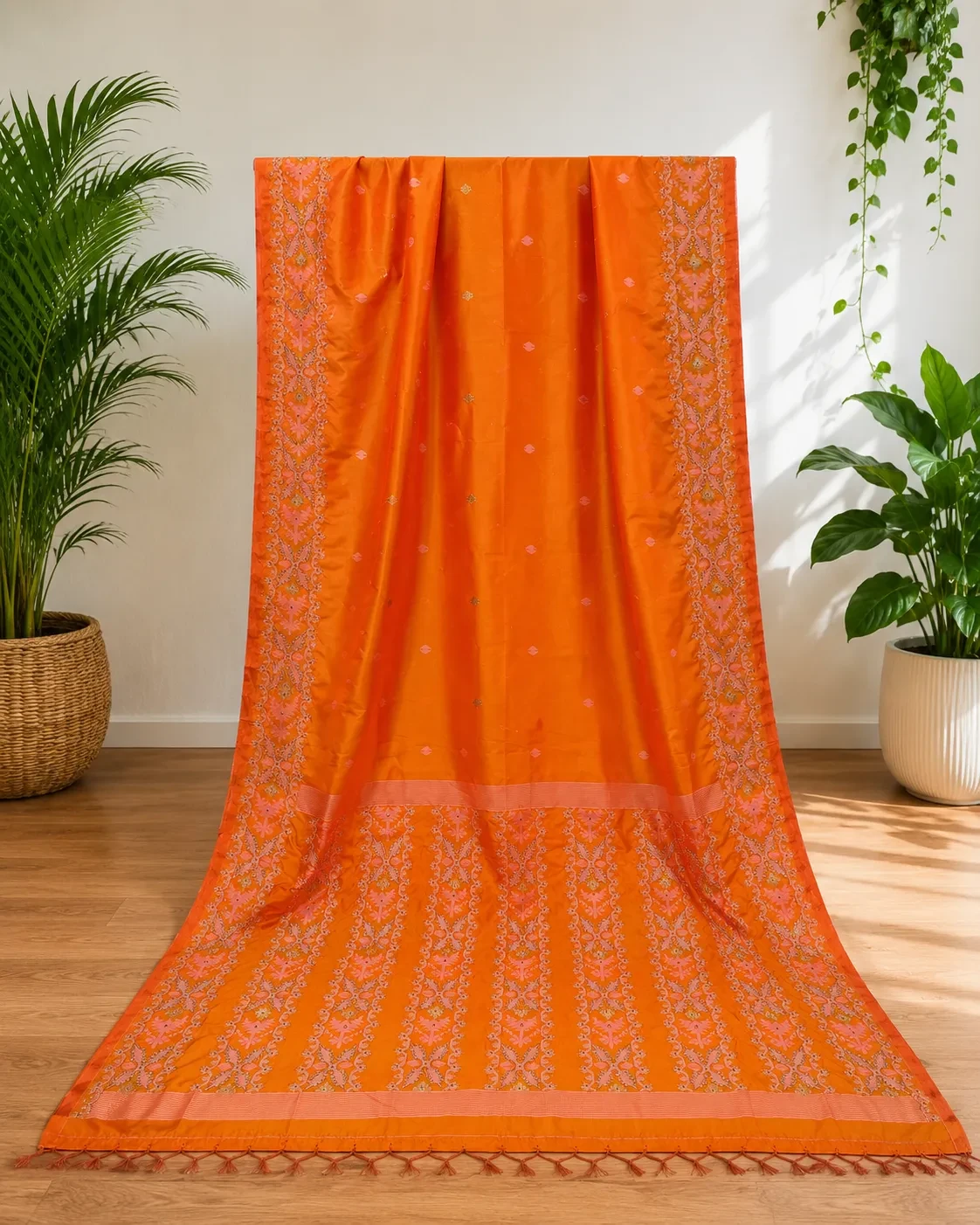 Orange Silk Jamdani Saree with Cutdana