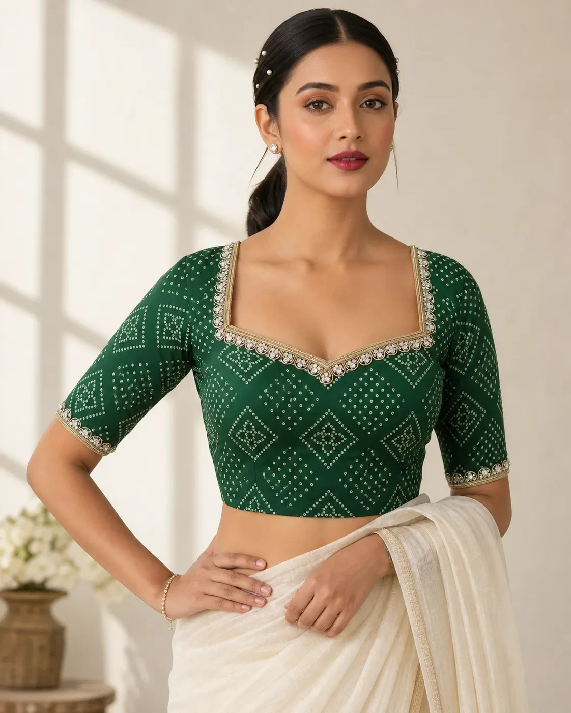 Green Cotton Bandhni Printed Blouse
