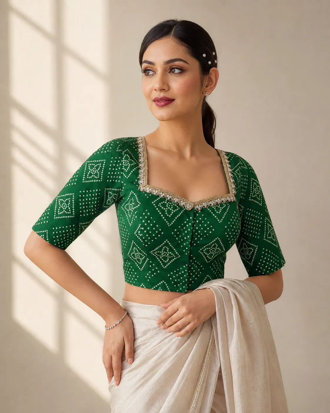 Emerald Green Cotton Sweetheart Neck Blouse