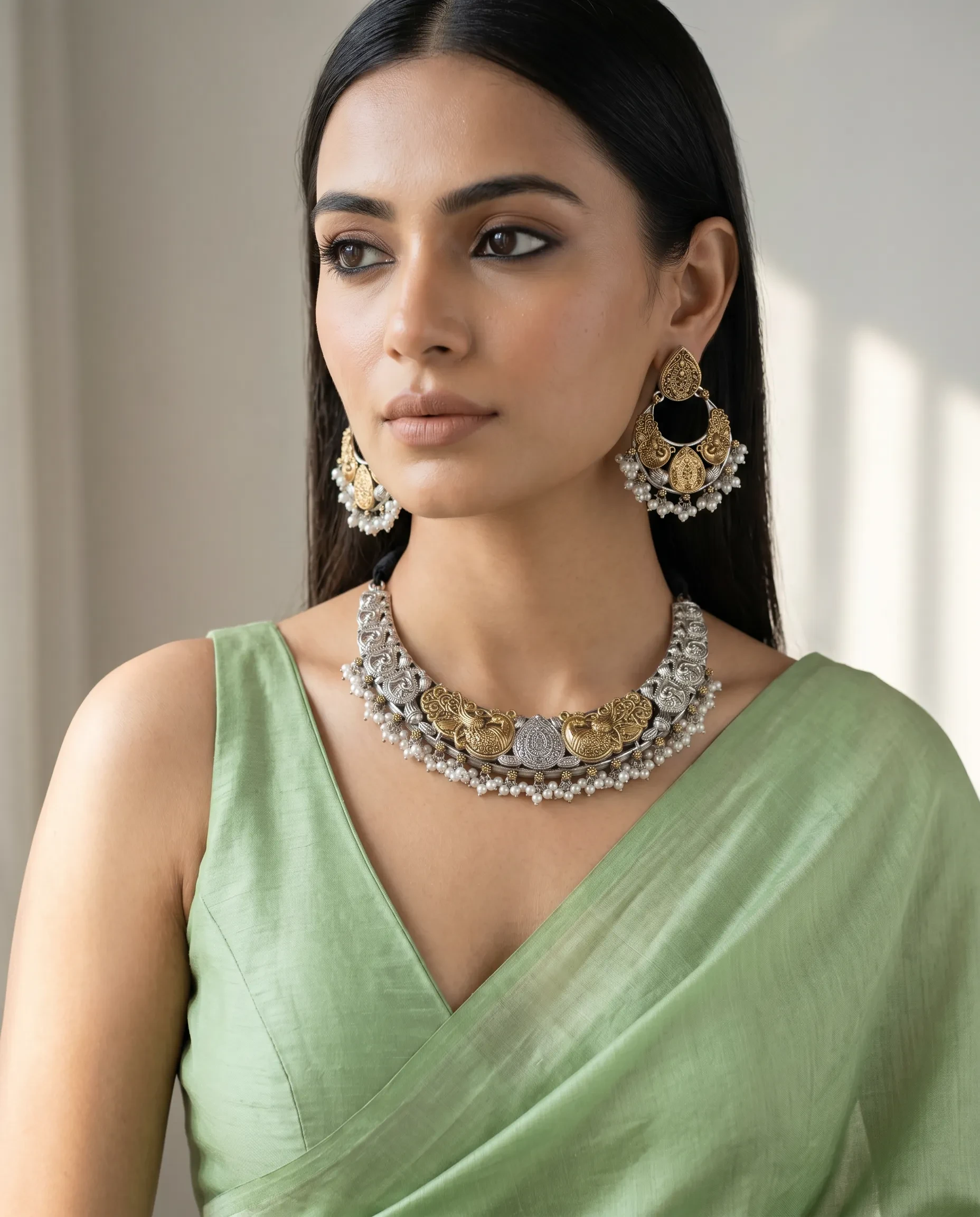 Dual Tone Necklace Set With Pearl Beads