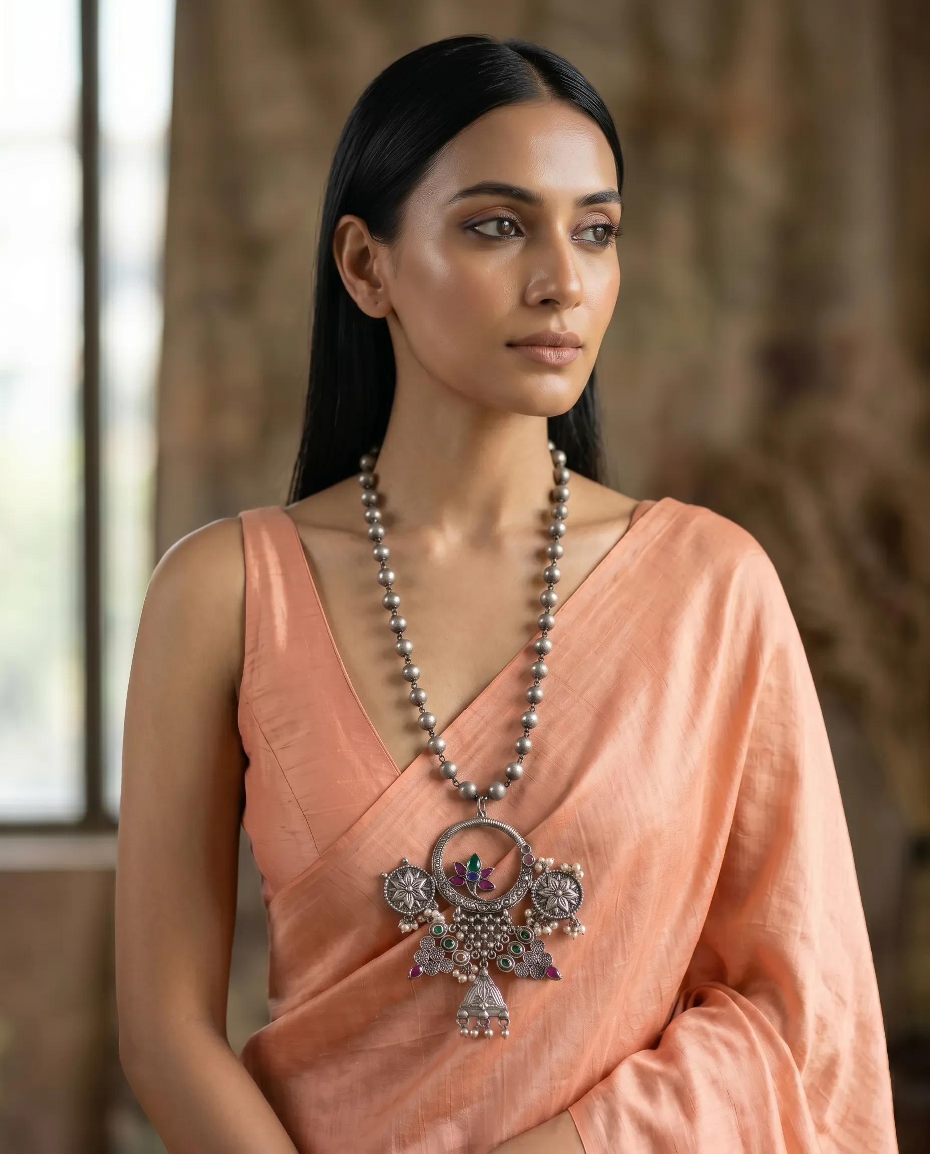 Silver Replica Kemp Stone Long Statement Necklace
