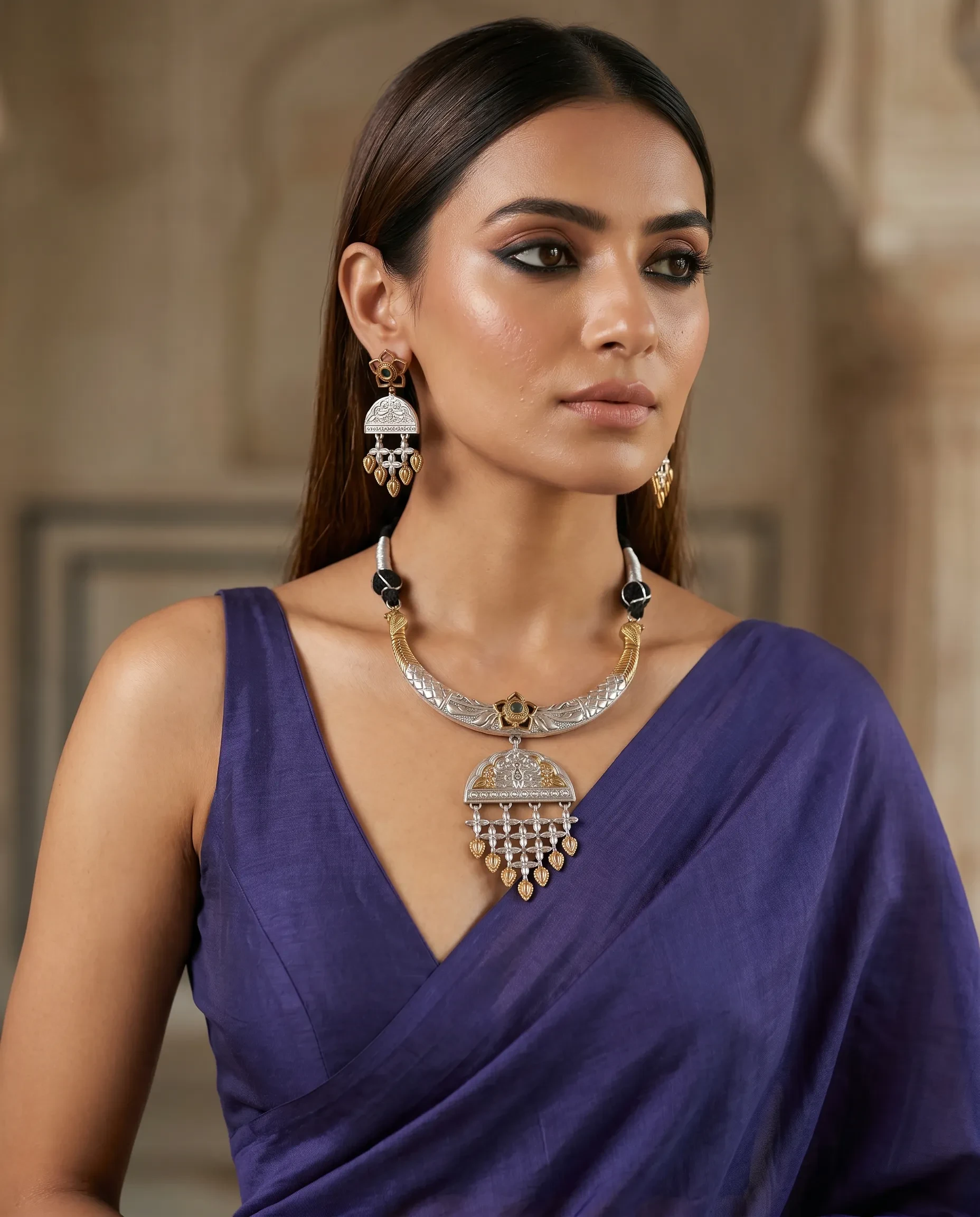 Dual Tone Antique Silver and Gold Necklace Set