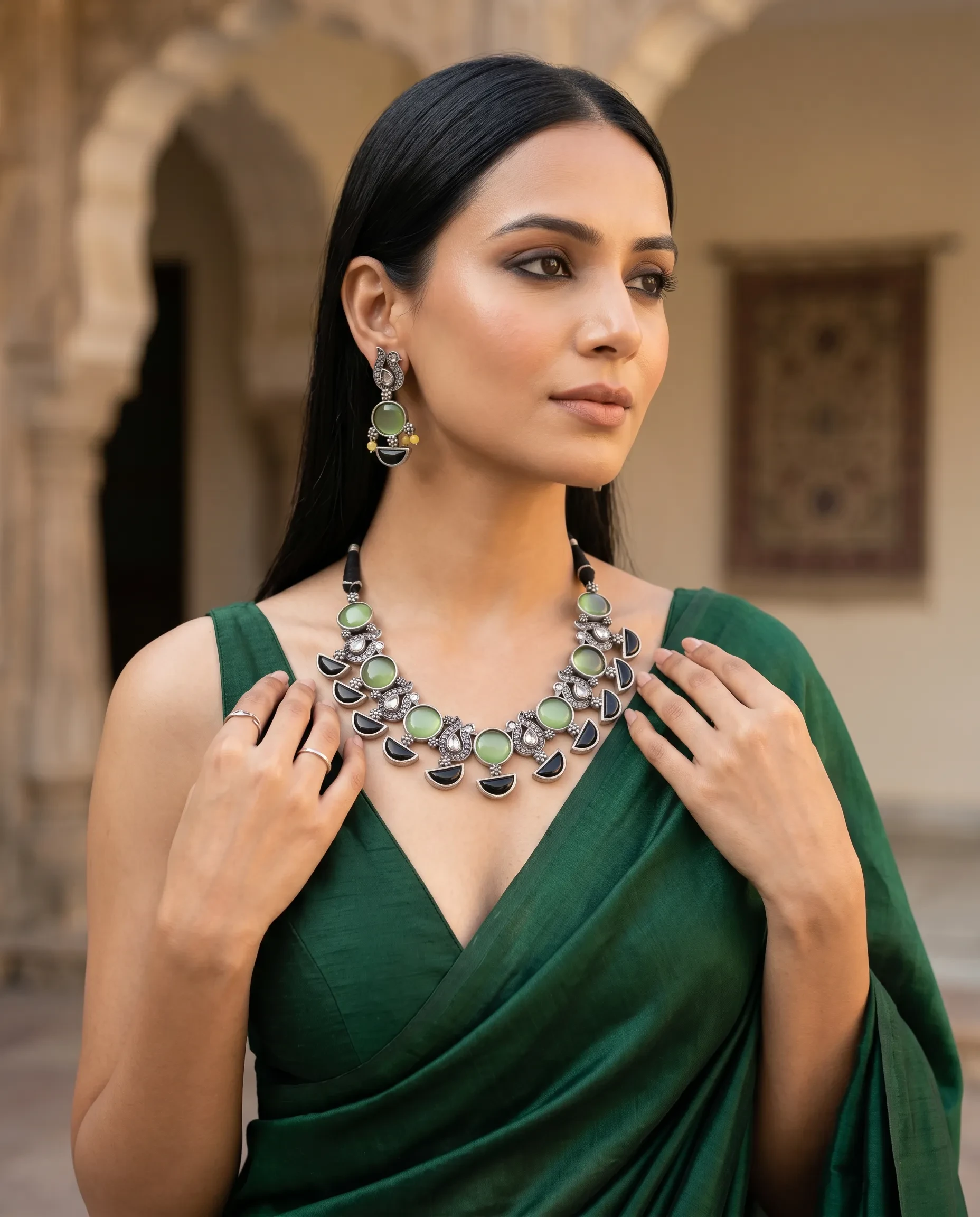 Dual Tone Necklace Set with Stone