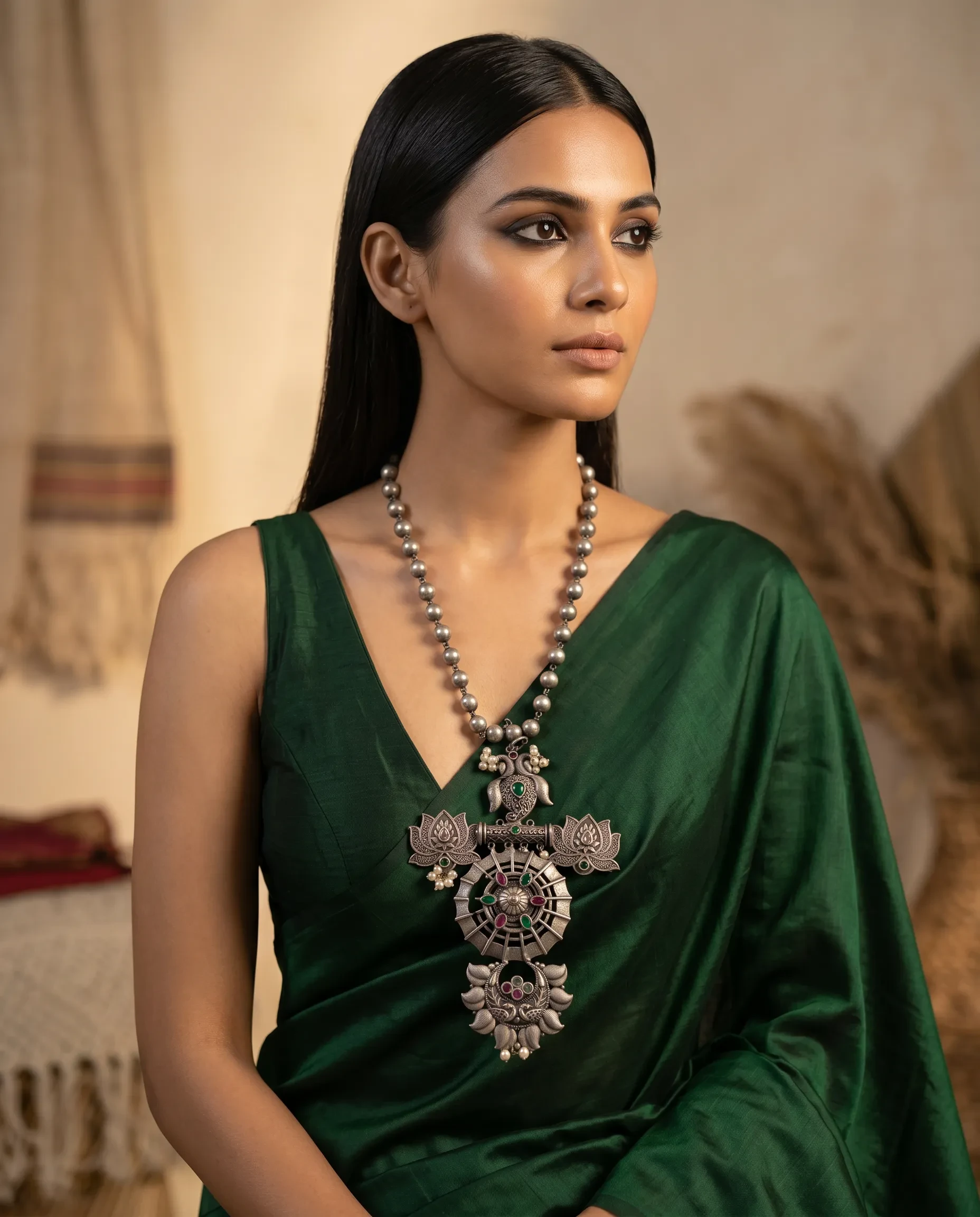 Antique Silver Oxidized Long Statement Necklace