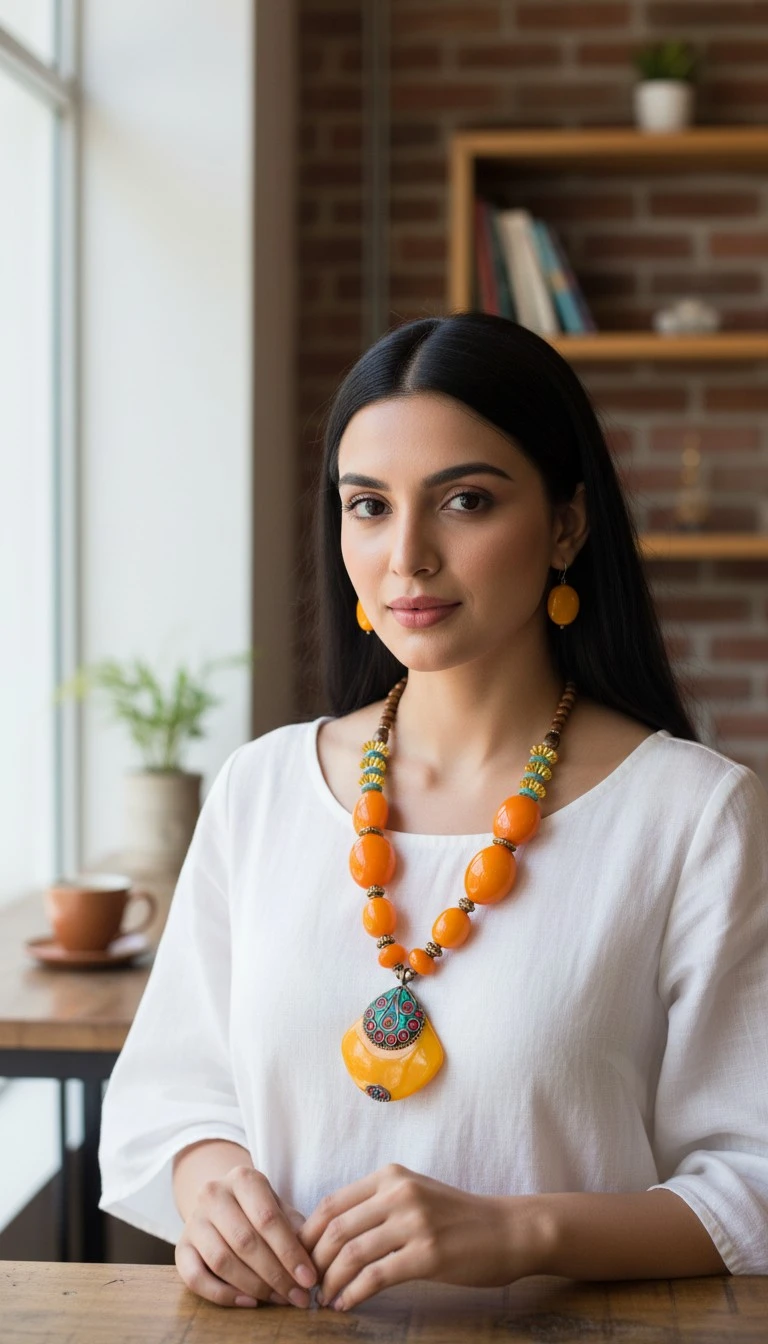 Handcrafted Orange Beaded Statement Necklace Set