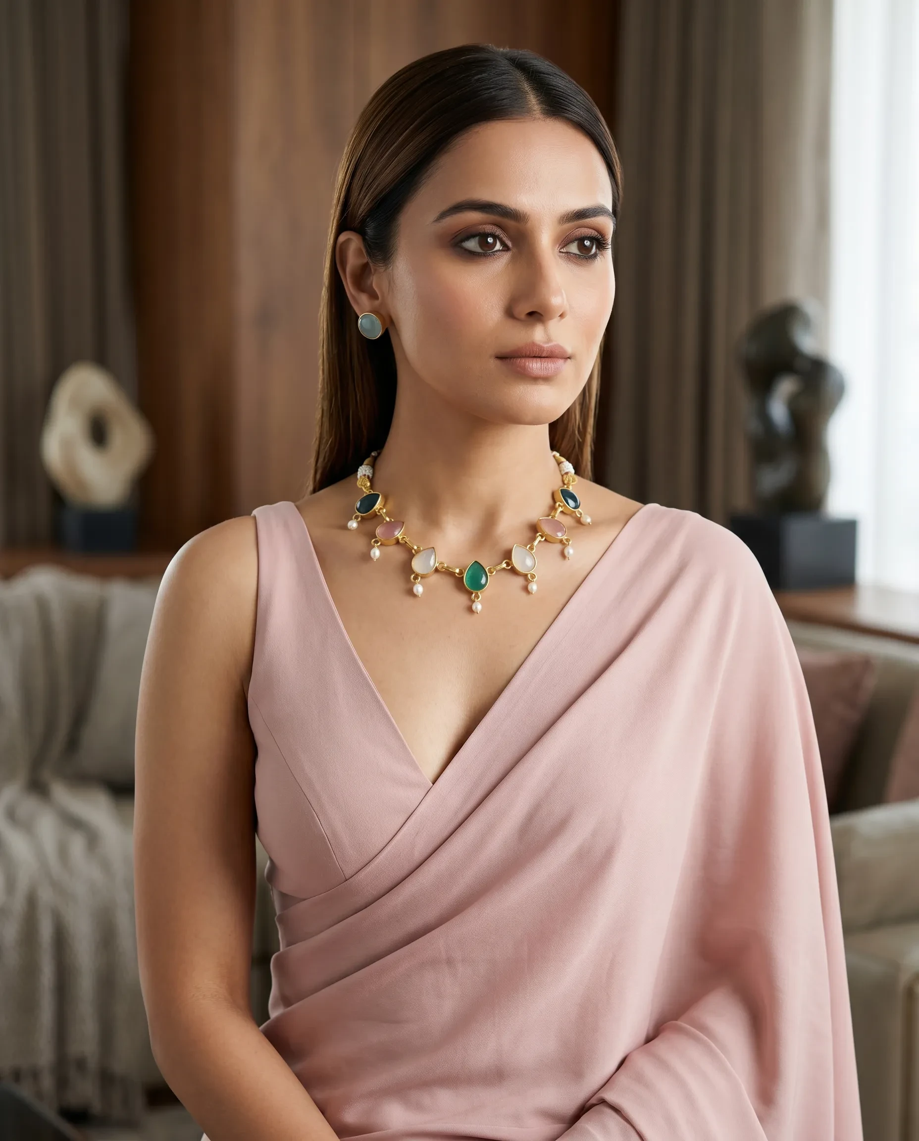 Gold Plated Multi Stone Necklace Set