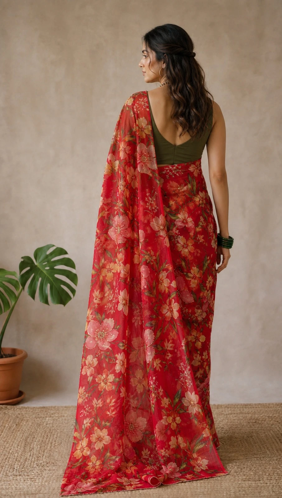 Red Chiffon Floral Printed Saree
