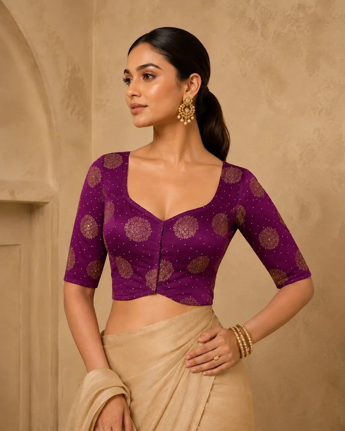 Purple Satin Half Sleeve Blouse