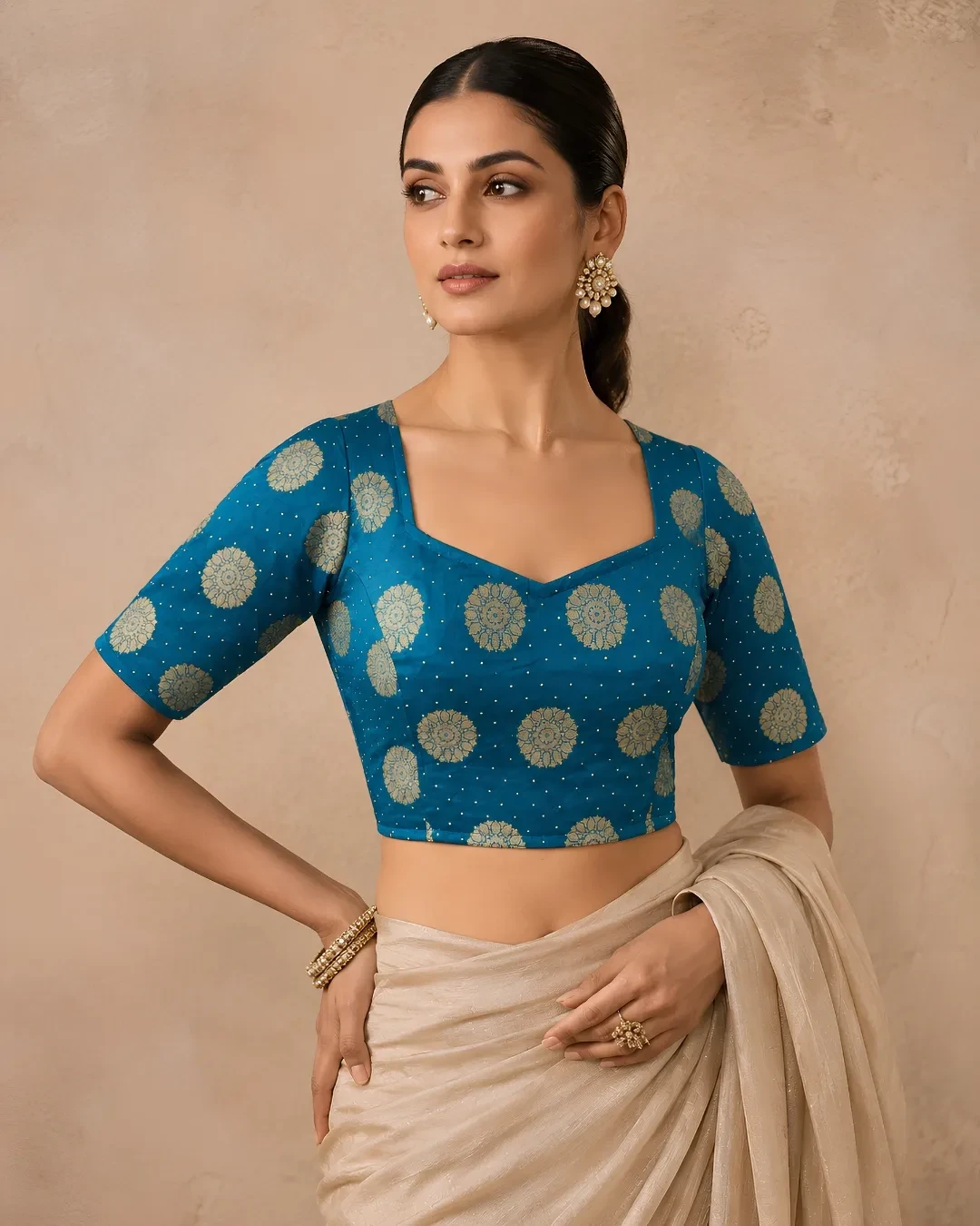 Teal Blue Satin Broad Sweetheart Neck Blouse with Keyhole Back
