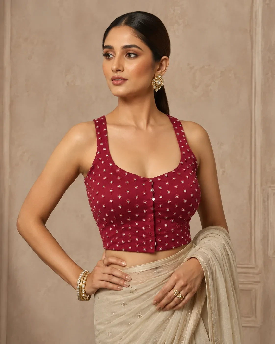 Wine Red Rayon Deep U Neck Blouse with Criss Cross Back