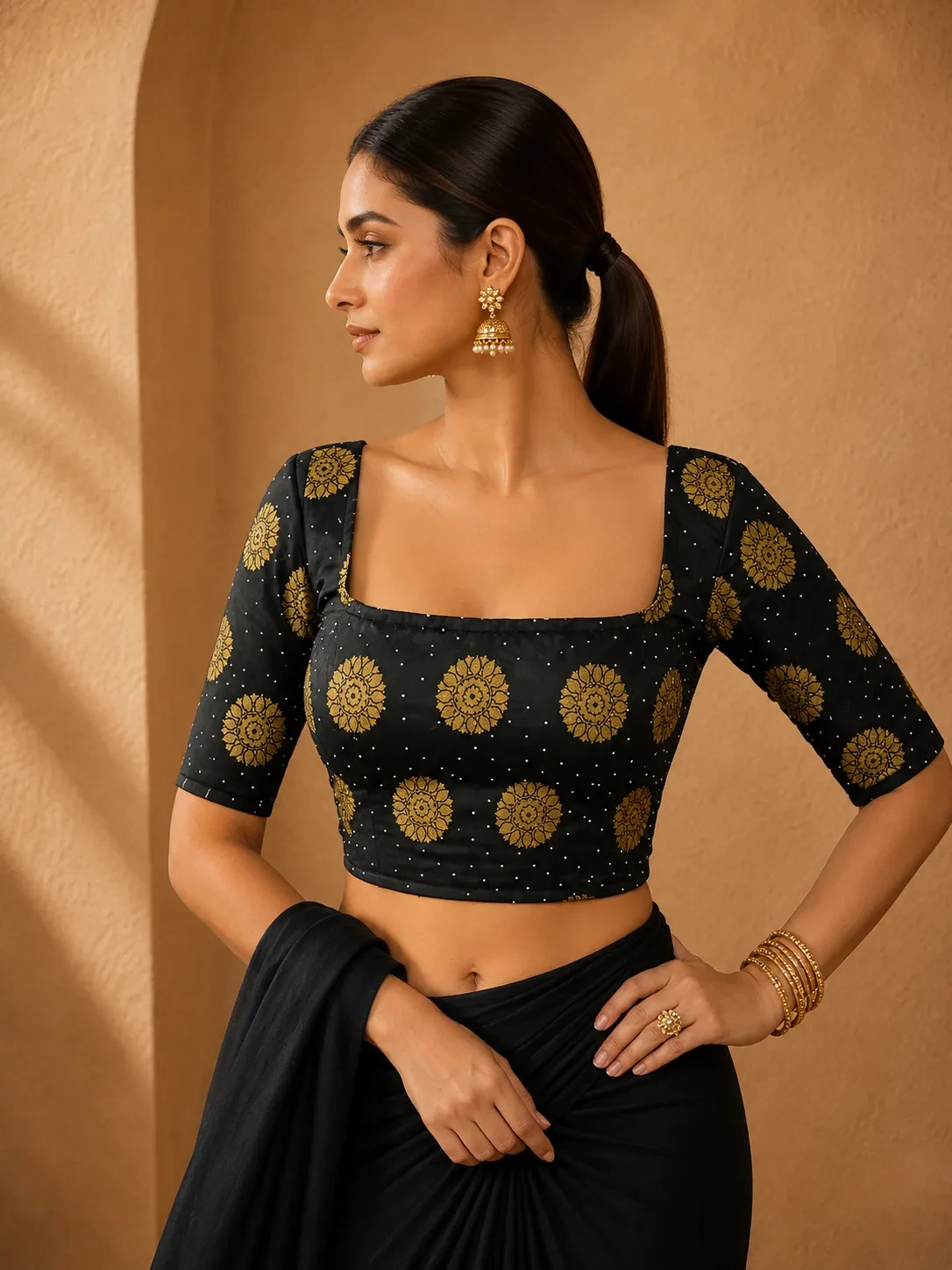 Black Satin Half Sleeve Blouse