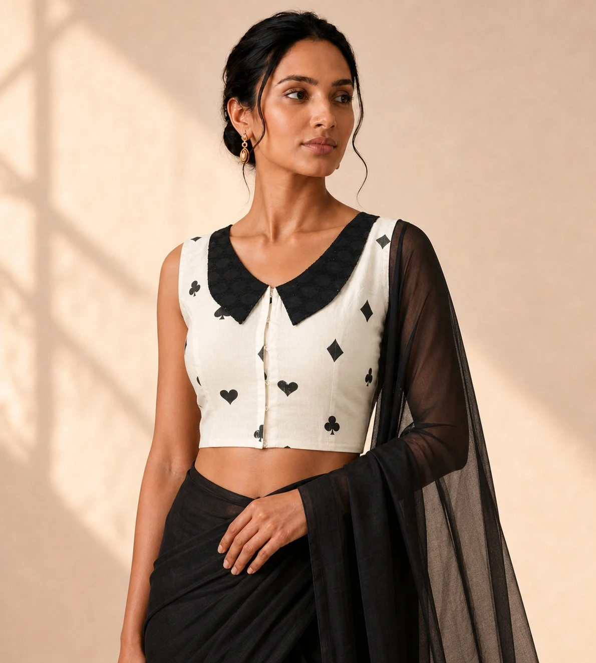 Collared Card Print Cotton Blouse