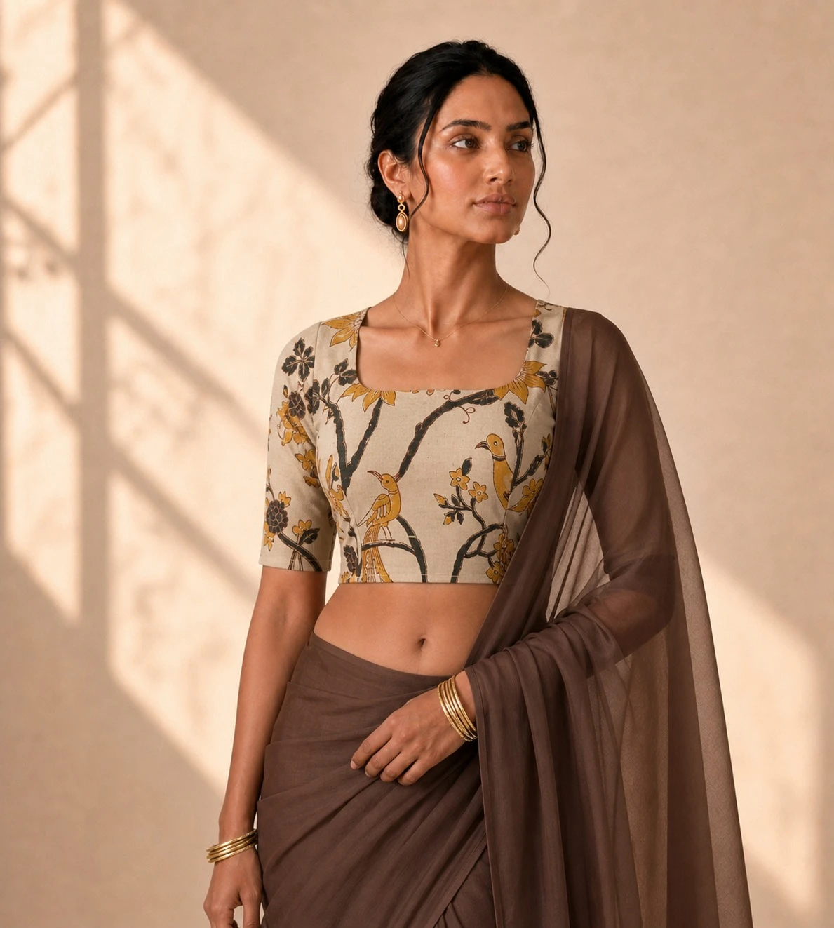 Beige Sweetheart Neck Printed Cotton Blouse