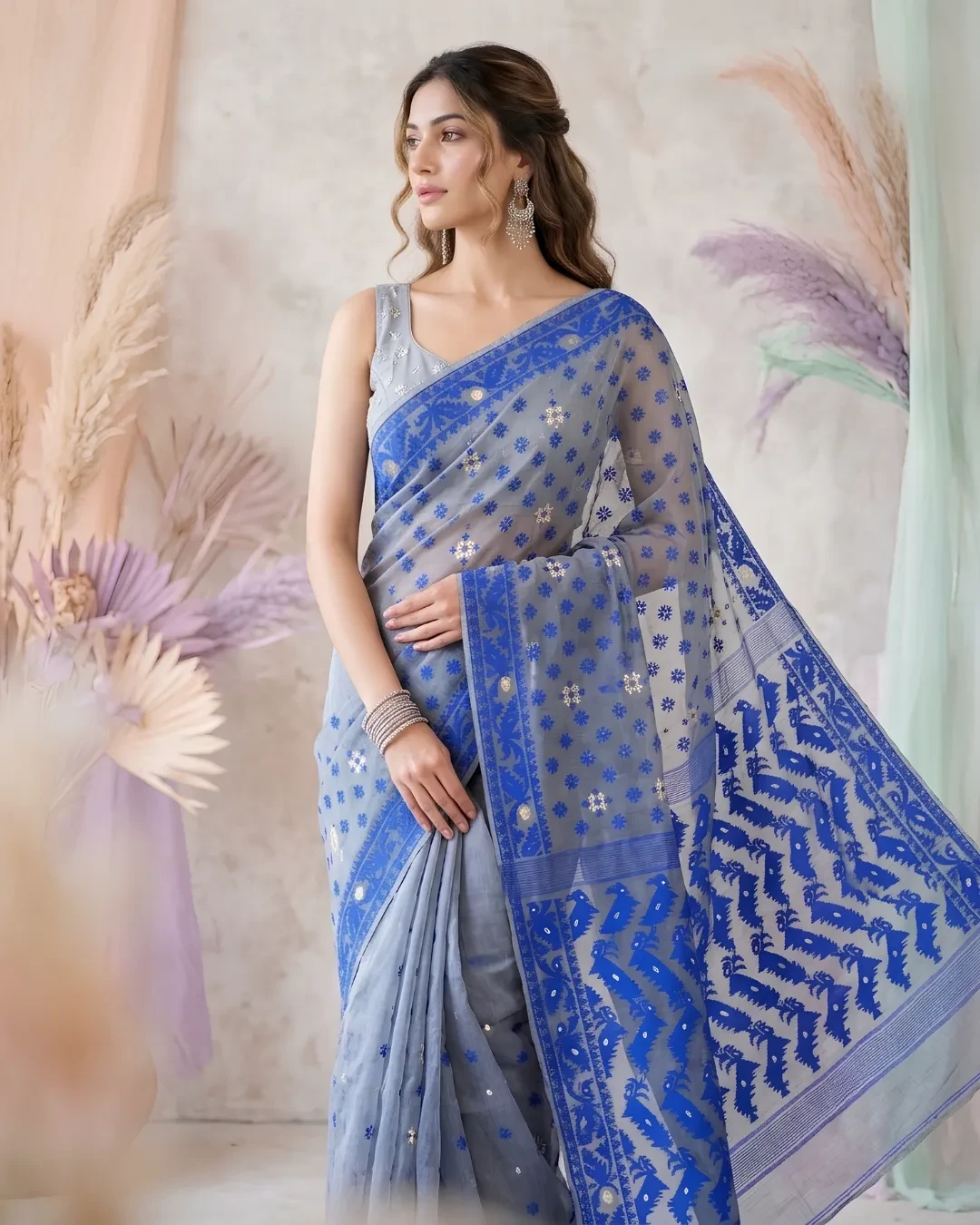 Blue and Gray Jamdani Saree with Zari Work