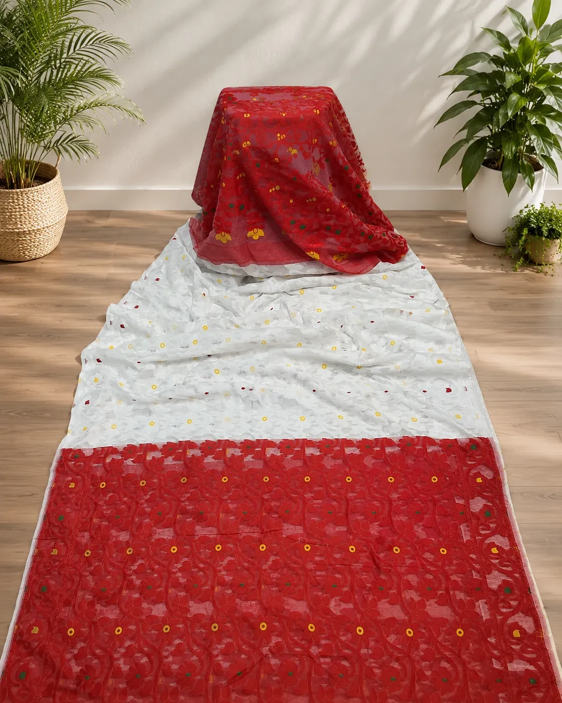 Red and White Half Jamdani Woven Saree